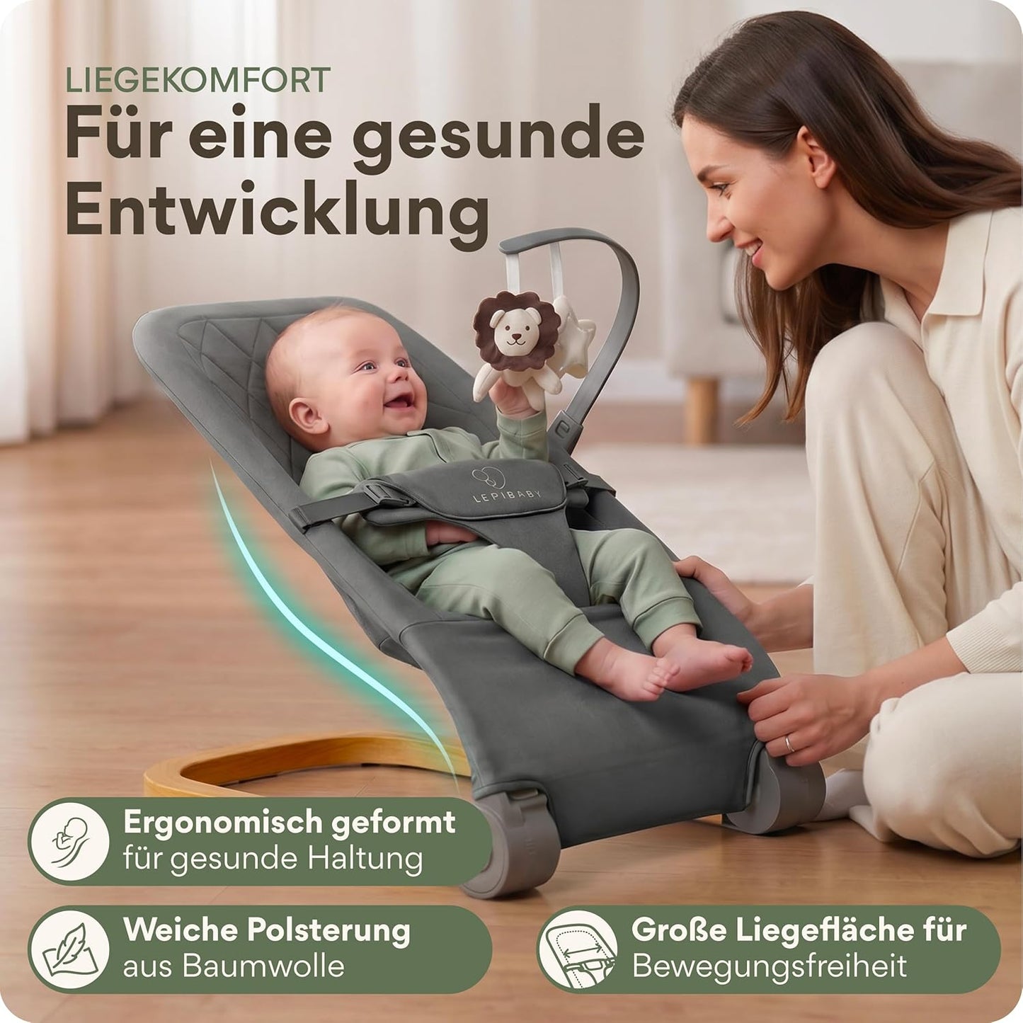 Faltbare Babywippe mit Spielbogen, Grau