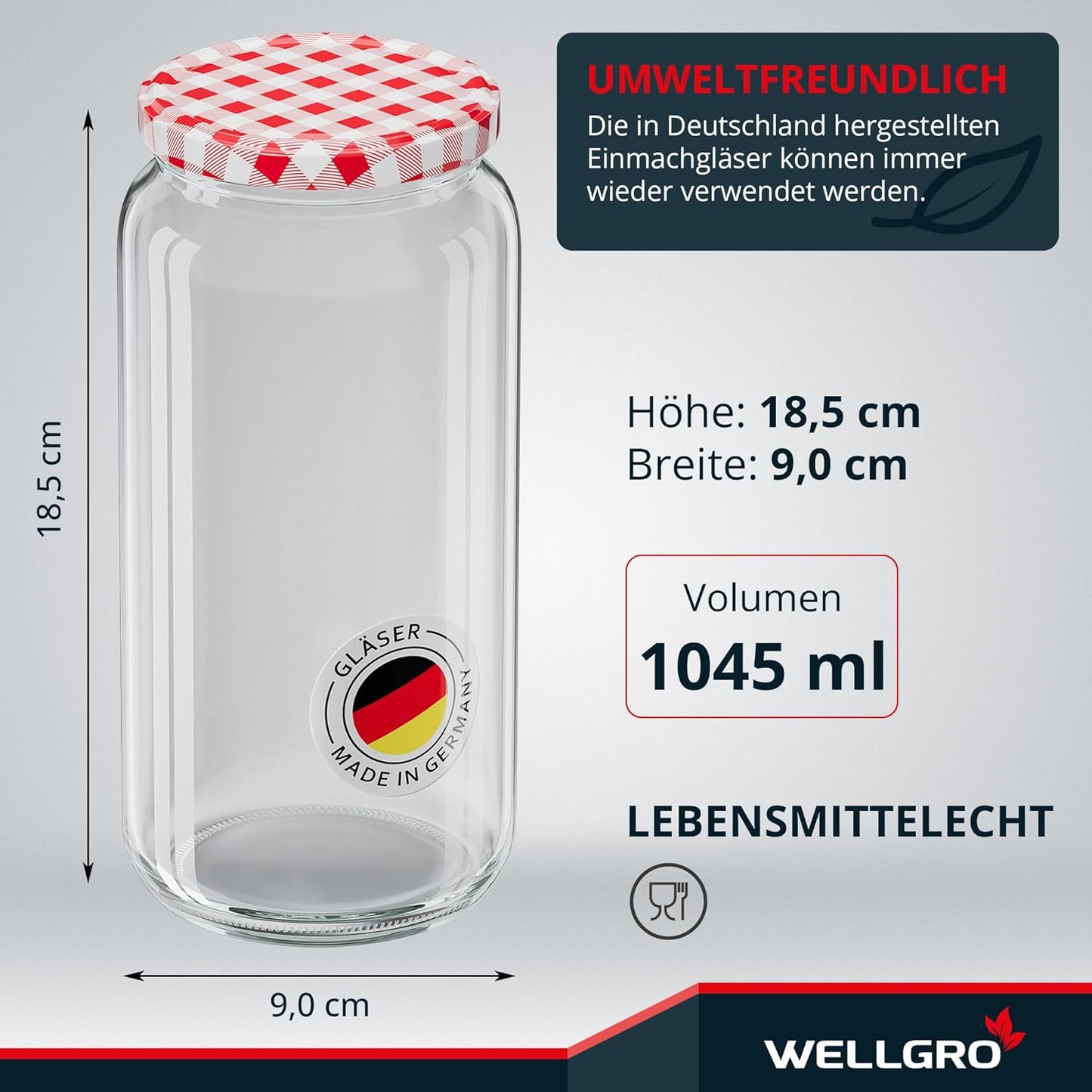 6er-Set Einmachgläser mit Schraubdeckel, Rot Kariert 1045 ml 6