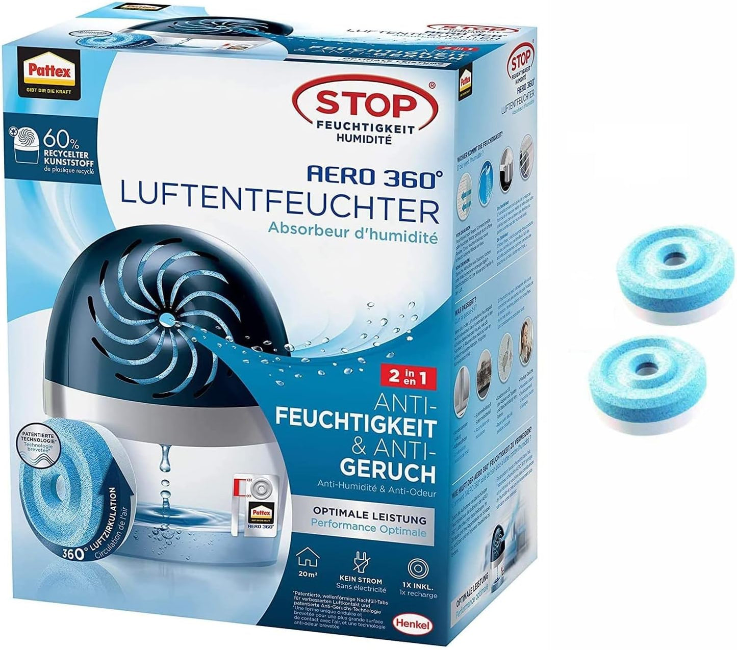 AERO 360°, Luftentfeuchter + 3 x 450g Nachfülltabs, Duft: Neutral