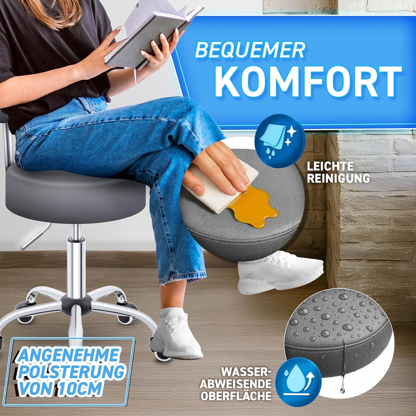 Höhenverstellbarer Drehhocker mit Lehne und Rollen, Grau