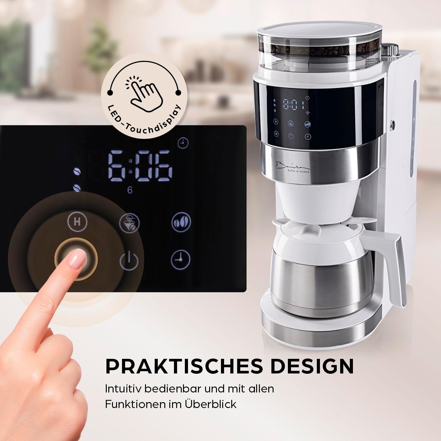 Kaffeemaschine mit Touch-Display, 9) Weiss (Pro Design) - Thermokanne - mit Mahlwerk
