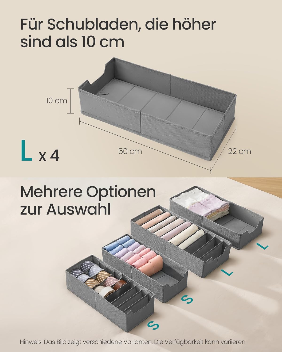 4-teiliges Unterwäsche-Organizer-Set für Schubladen, 50T x 22B cm ohne Trennwände