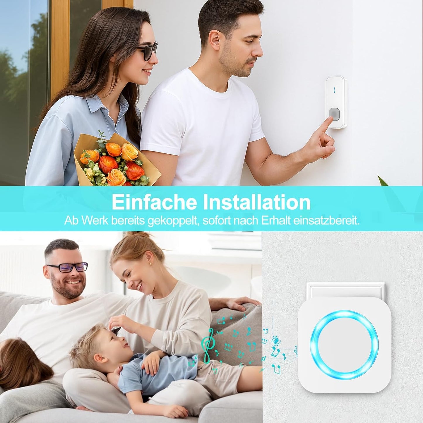 Funkklingel-Set mit LED-Blitz (2 Sender, 1 Empfänger), 1 Empfänger+2 Sender