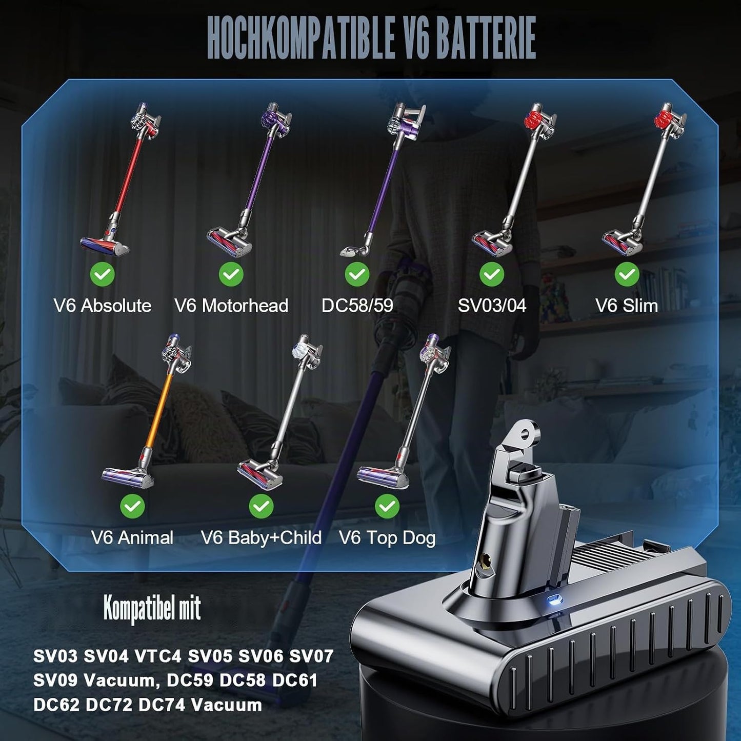 Ersatzakku für Dyson V6 Staubsauger, Grau