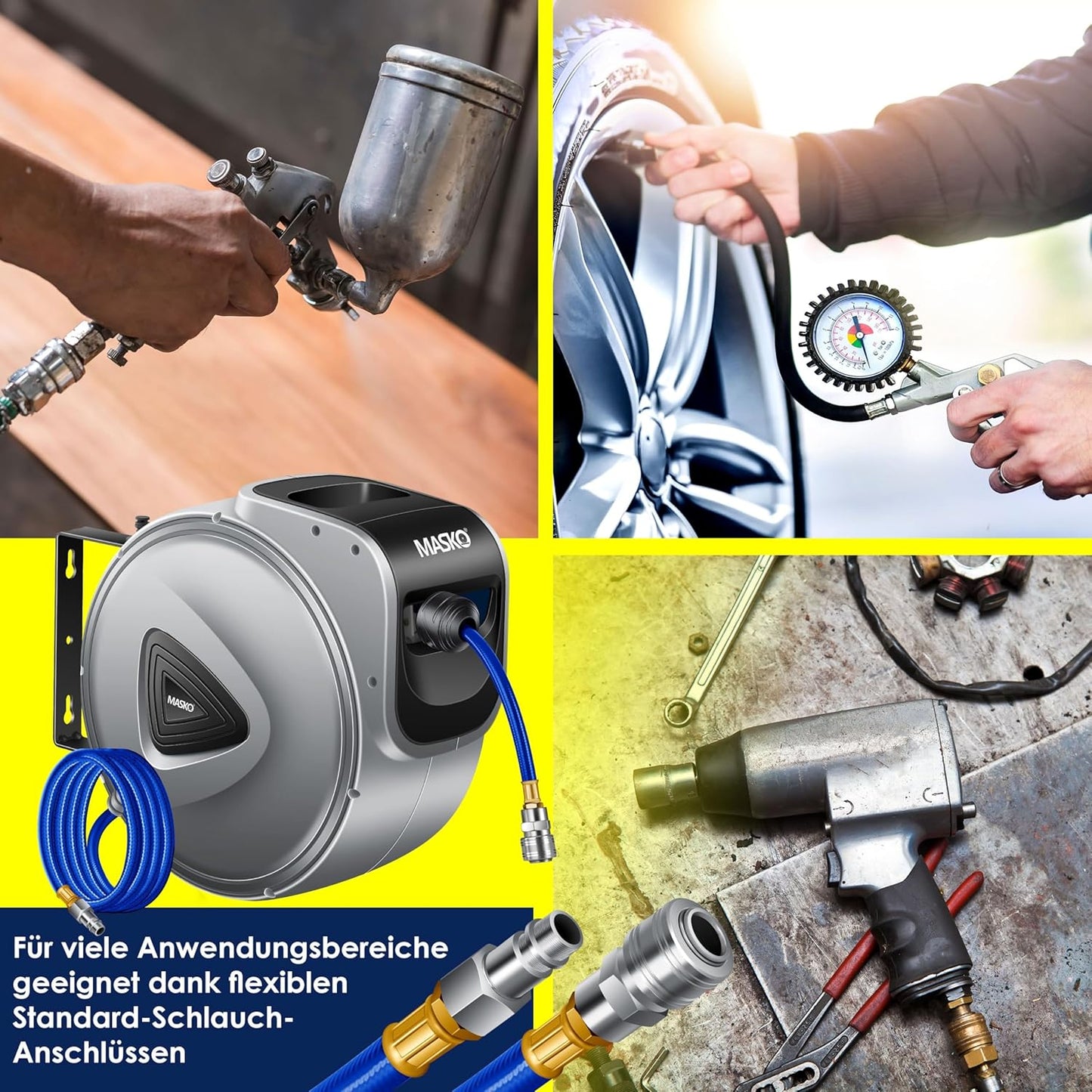 Automatik Schlauchtrommel mit Druckluftschlauch mit Wandhalterung, 30m Grau
