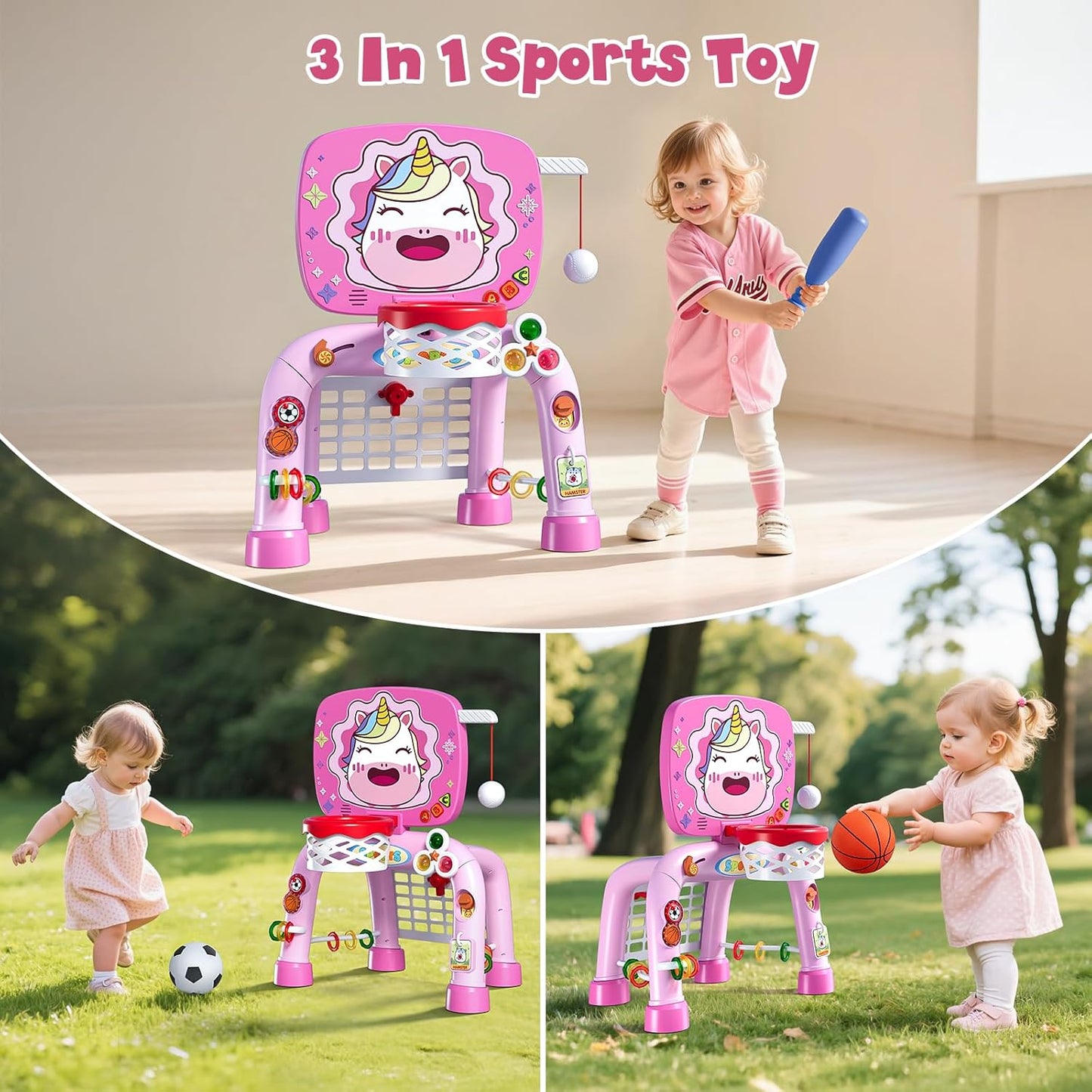 3-in-1 Kinder-Einhorn-Basketballkorb-Set mit Fussballtor, Einhorn