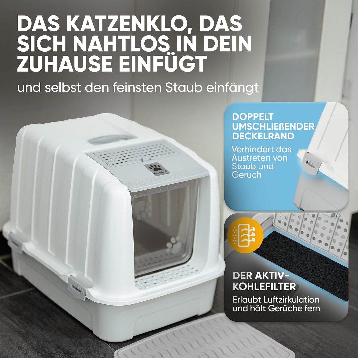 Geschlossene Katzentoilette mit Aktivkohlefilter, geschlossen weiss