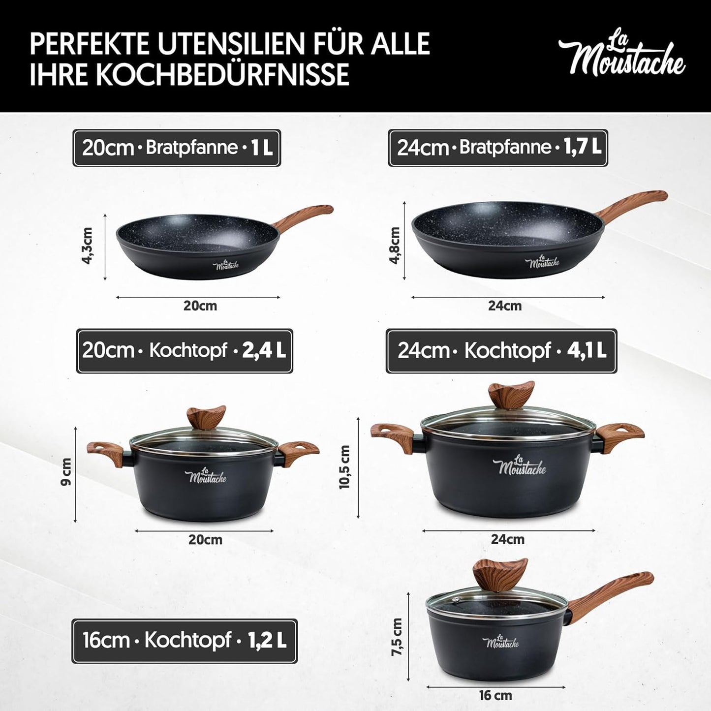 Antihaft-Kochgeschirr-Set für Induktion (8-teilig), 8 Stück Schwarz