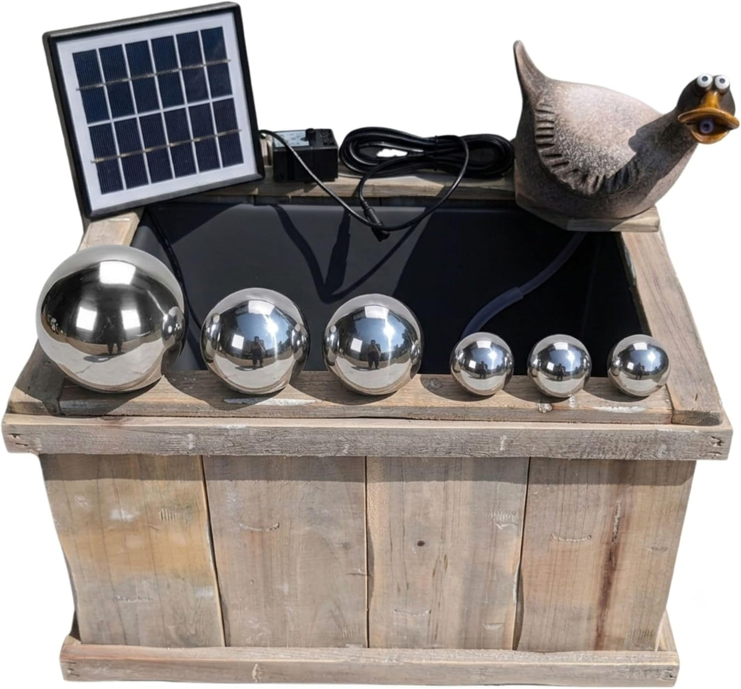Holzkiste mit Wasserspeier Ente & Solar-Wasserpumpe