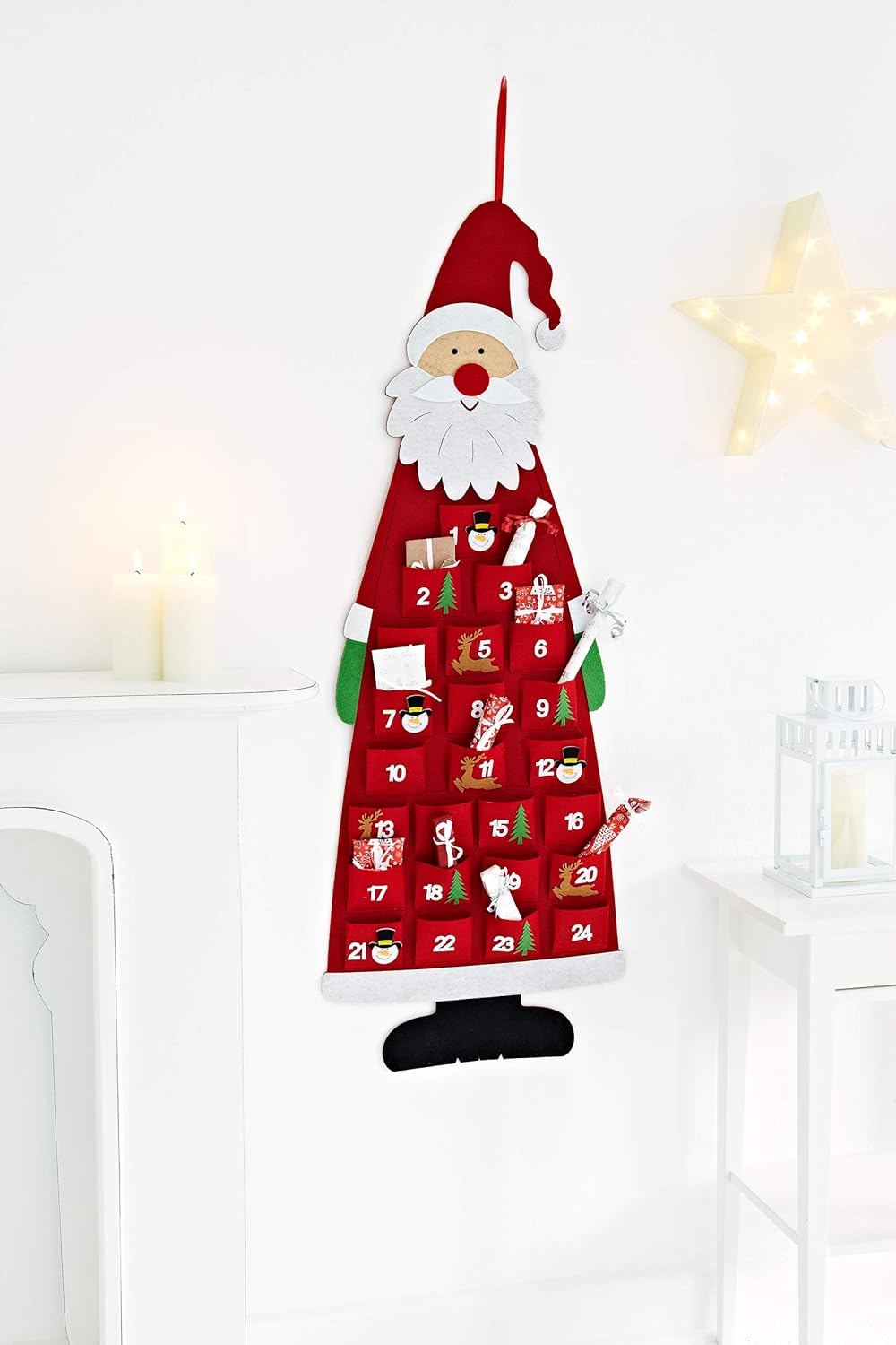 Filz-Adventskalender Santa zum Befüllen und Aufhängen, Rot/Weiss