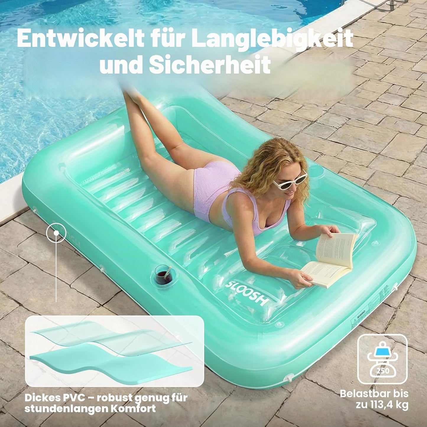 Aufblasbarer Sonnenpool mit abnehmbarem Kissen und Getränkehalter, Cyan L