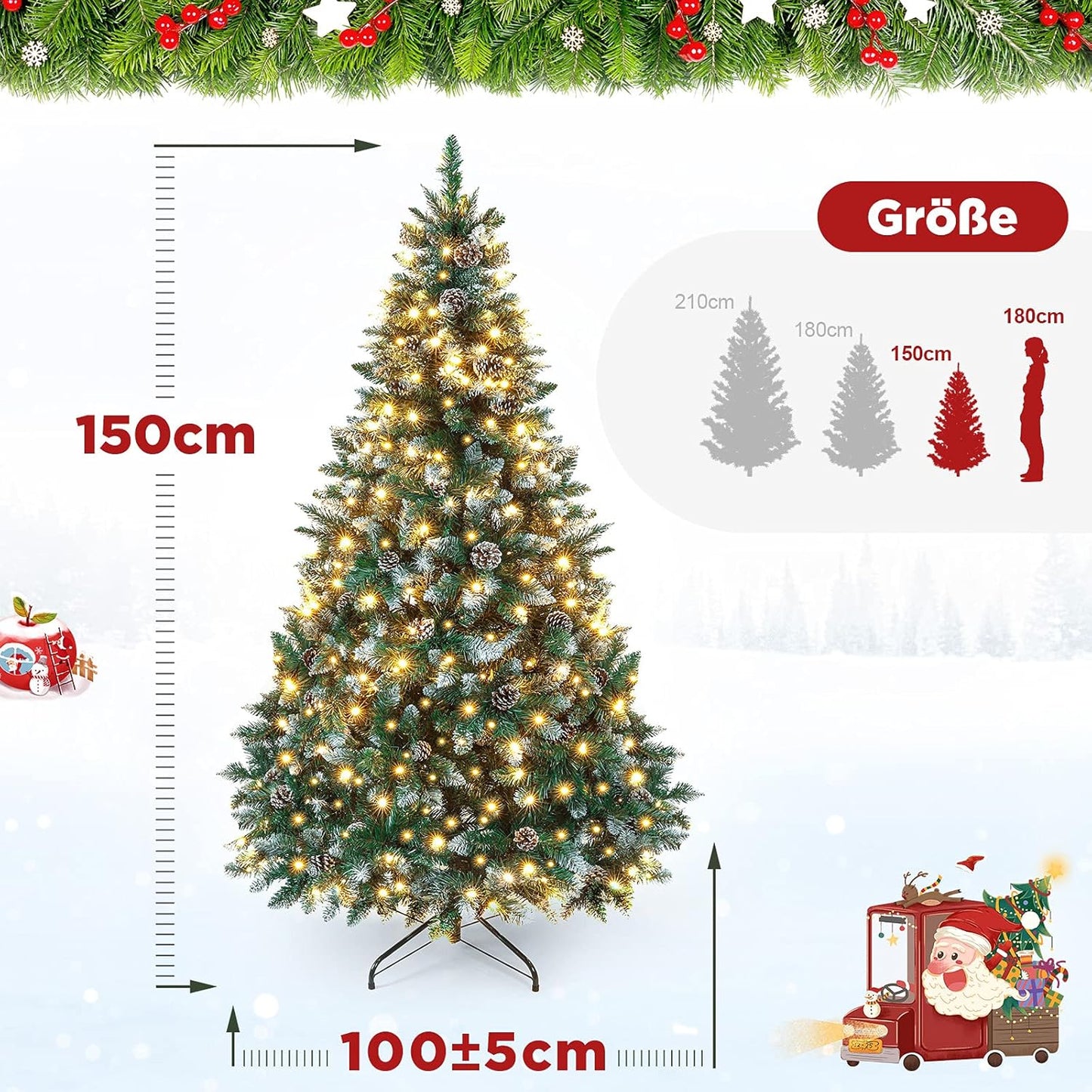 Künstlicher Weihnachtsbaum mit LED-Beleuchtung und Tannenzapfen, 150 cm