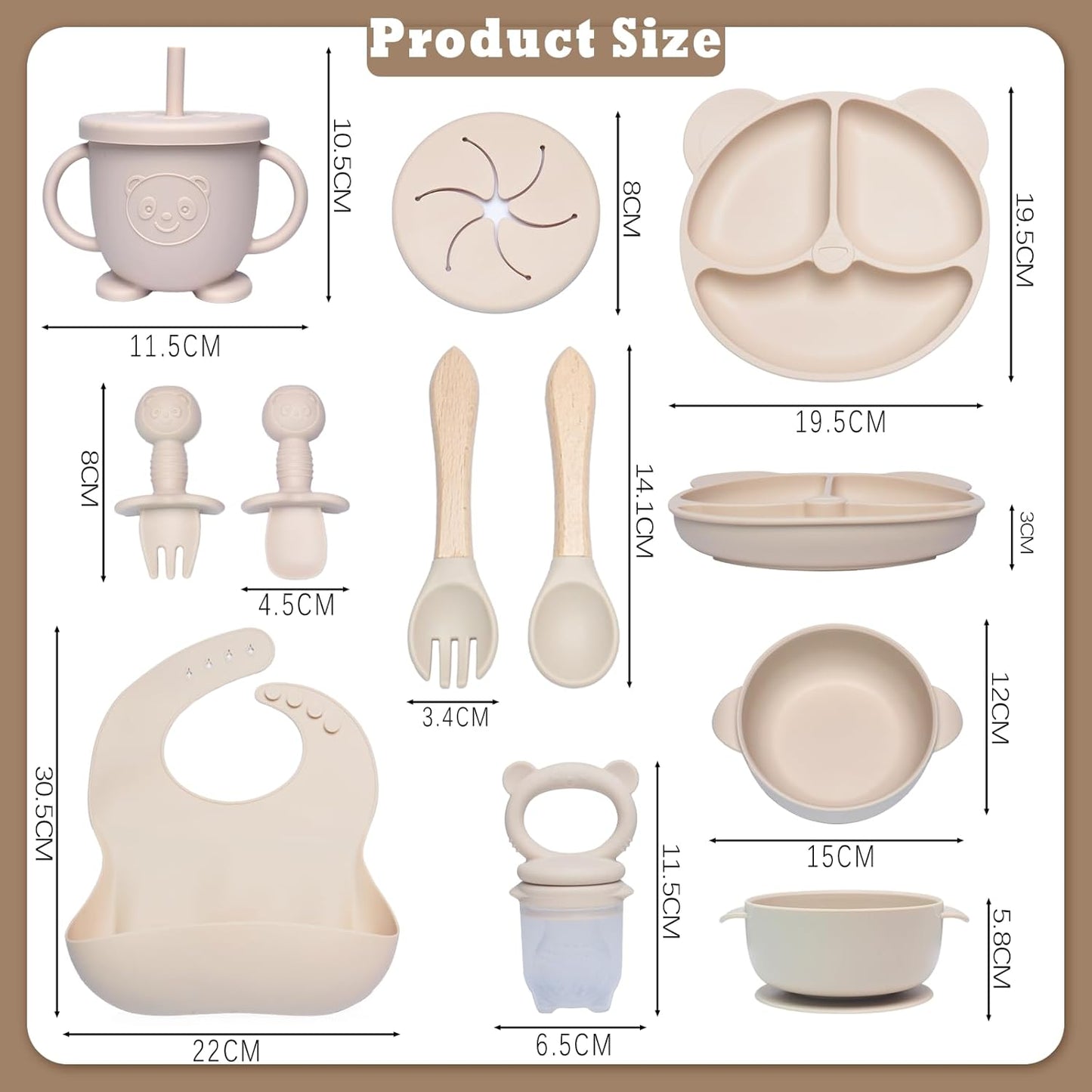 10-teiliges Baby Geschirrset mit rutschfestem Saugnapf, Beige