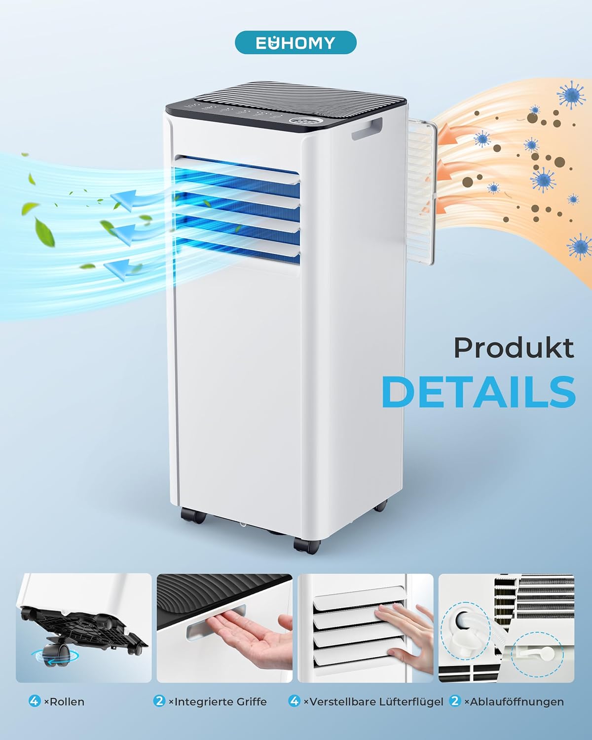 4-in-1 mobile Klimaanlage mit Abluftschlauch, 9.000 BTU