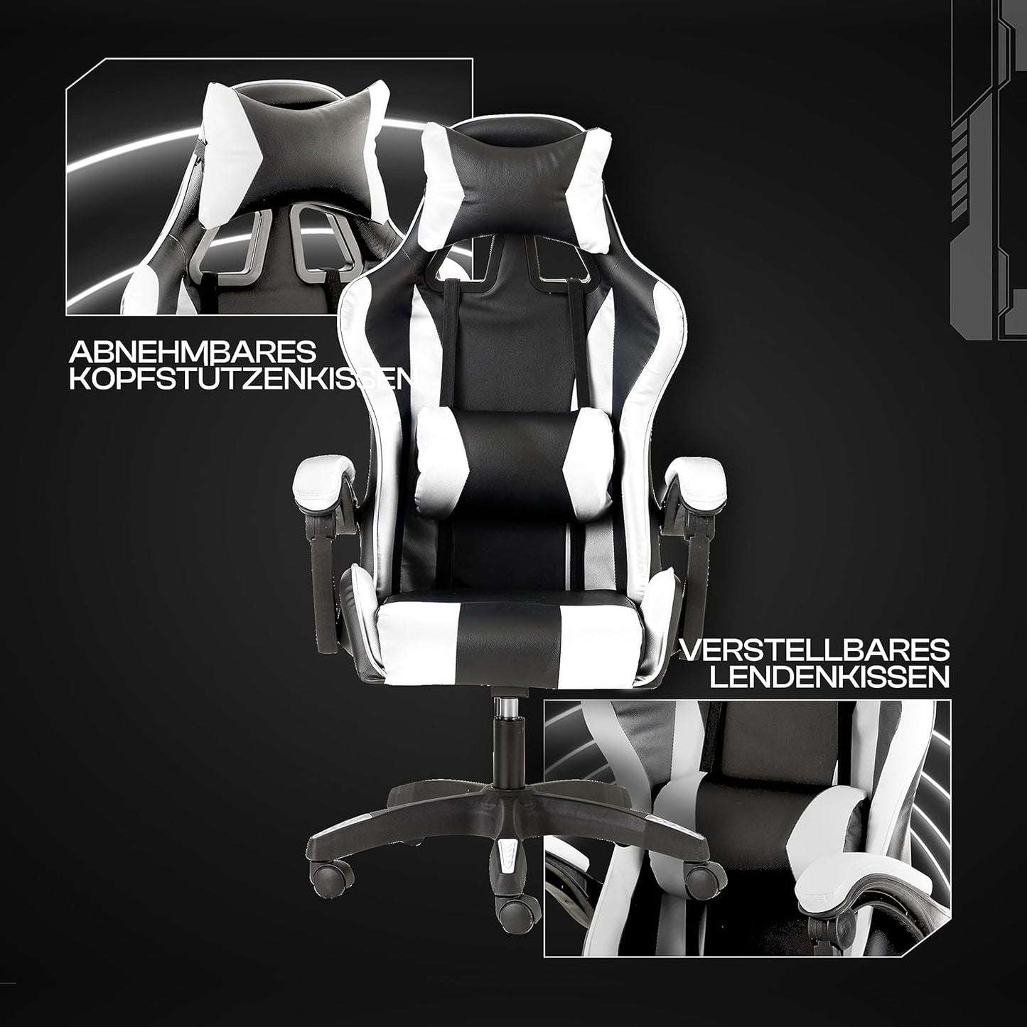 Ergonomischer Gaming-Stuhl mit verstellbarer Rückenlehne, Weiss