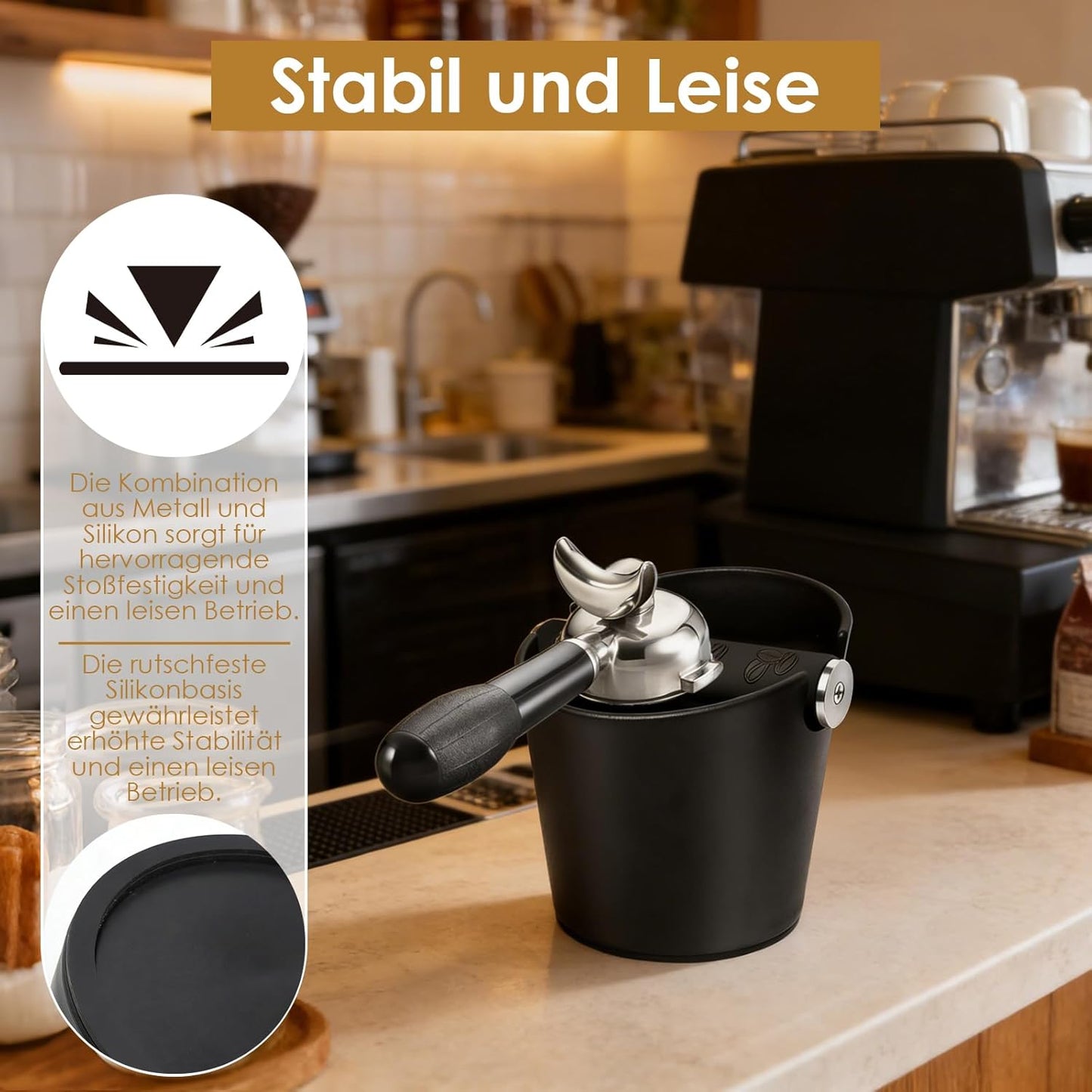 Abklopfbehälter für Siebträger mit Tampermatte
