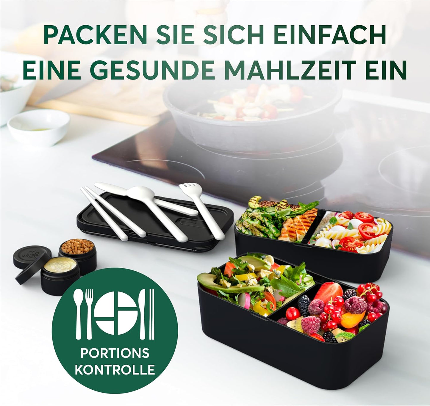 Auslaufsichere Bento Lunchbox mit Besteck & Fächern, Schwarzes Rosenholz L - 1500 ml