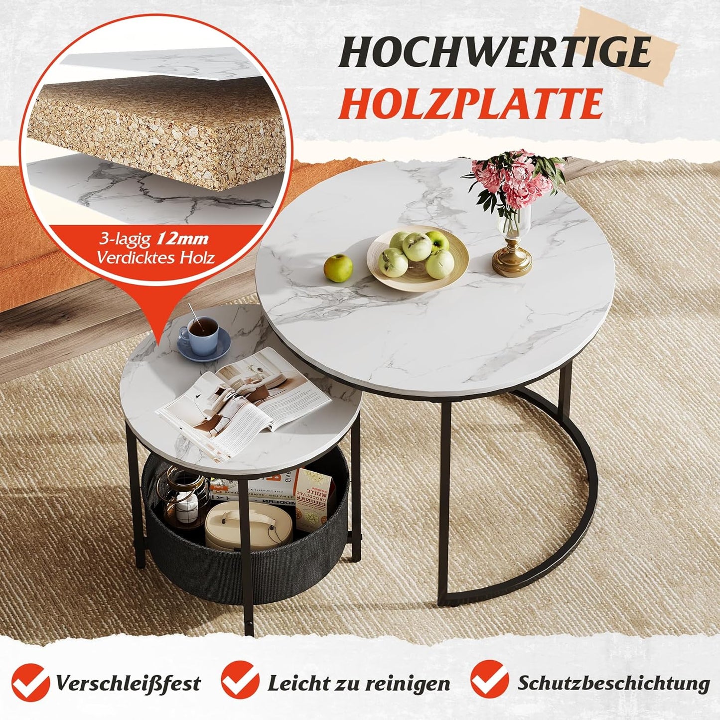 2-in-1-Set Couchtische, Marmor Weiß