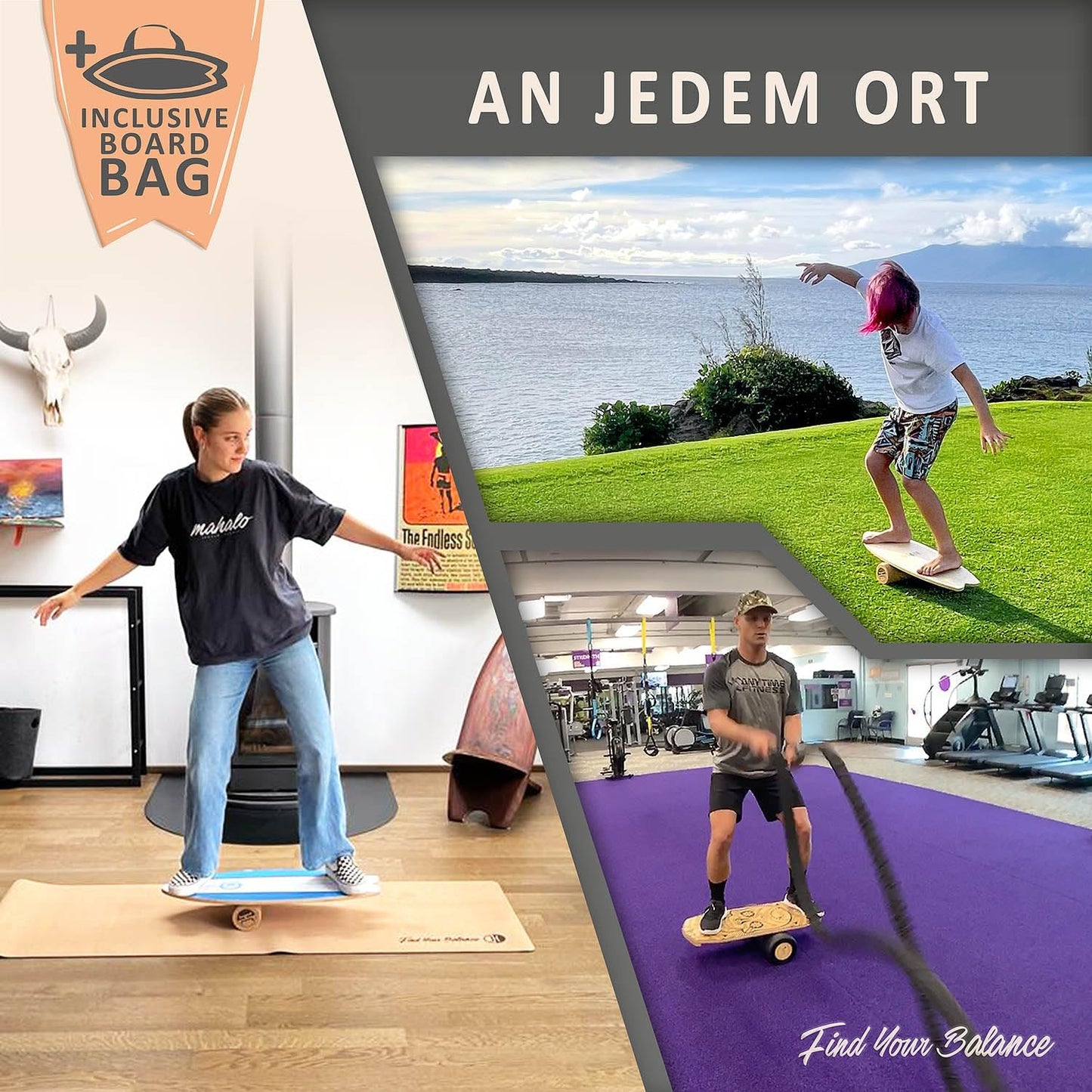 Balanceboard mit Rocker Shape und Korkhalbkugel, Blau + Korkhalbkugel