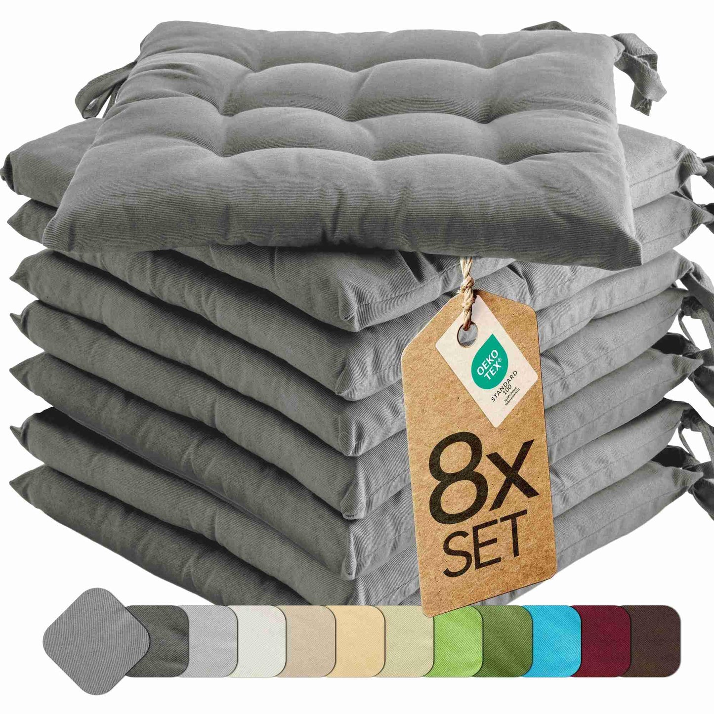 Basic 8er-Set Sitzkissen mit Bändern, 8 Stück - 40x40 cm Grau