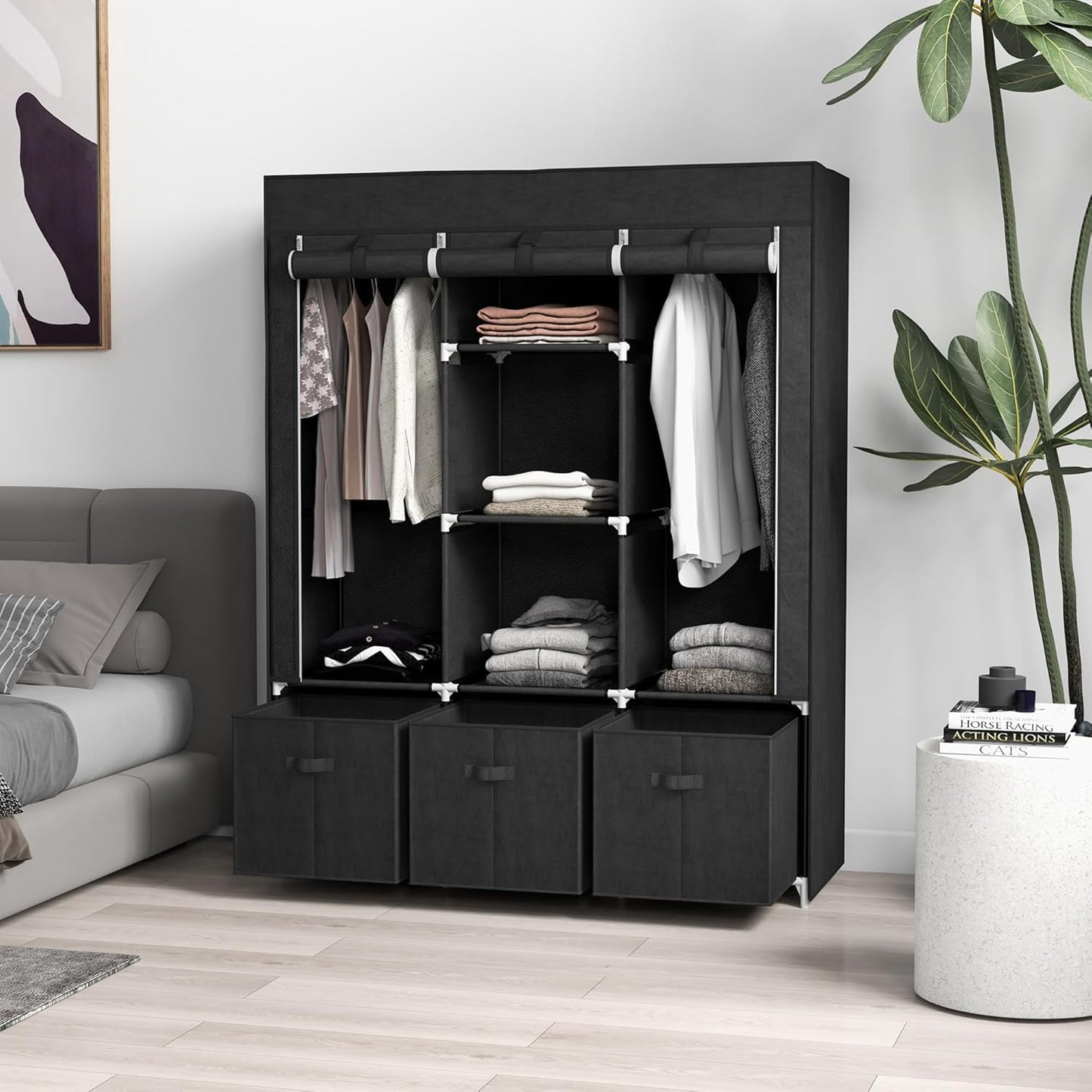 Faltschrank mit Kleiderstange und Schubladen, Schwarz