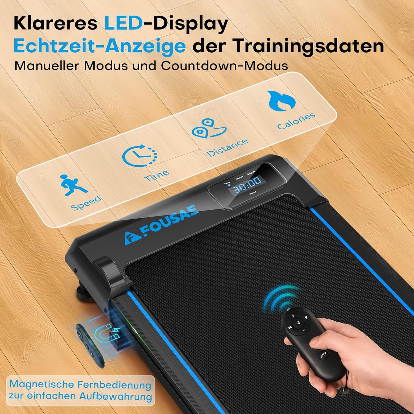 Walking Pad Laufband mit Steigung, Schwarz-Blau 4-in-1 mit Doppelter Stoßdämpfung