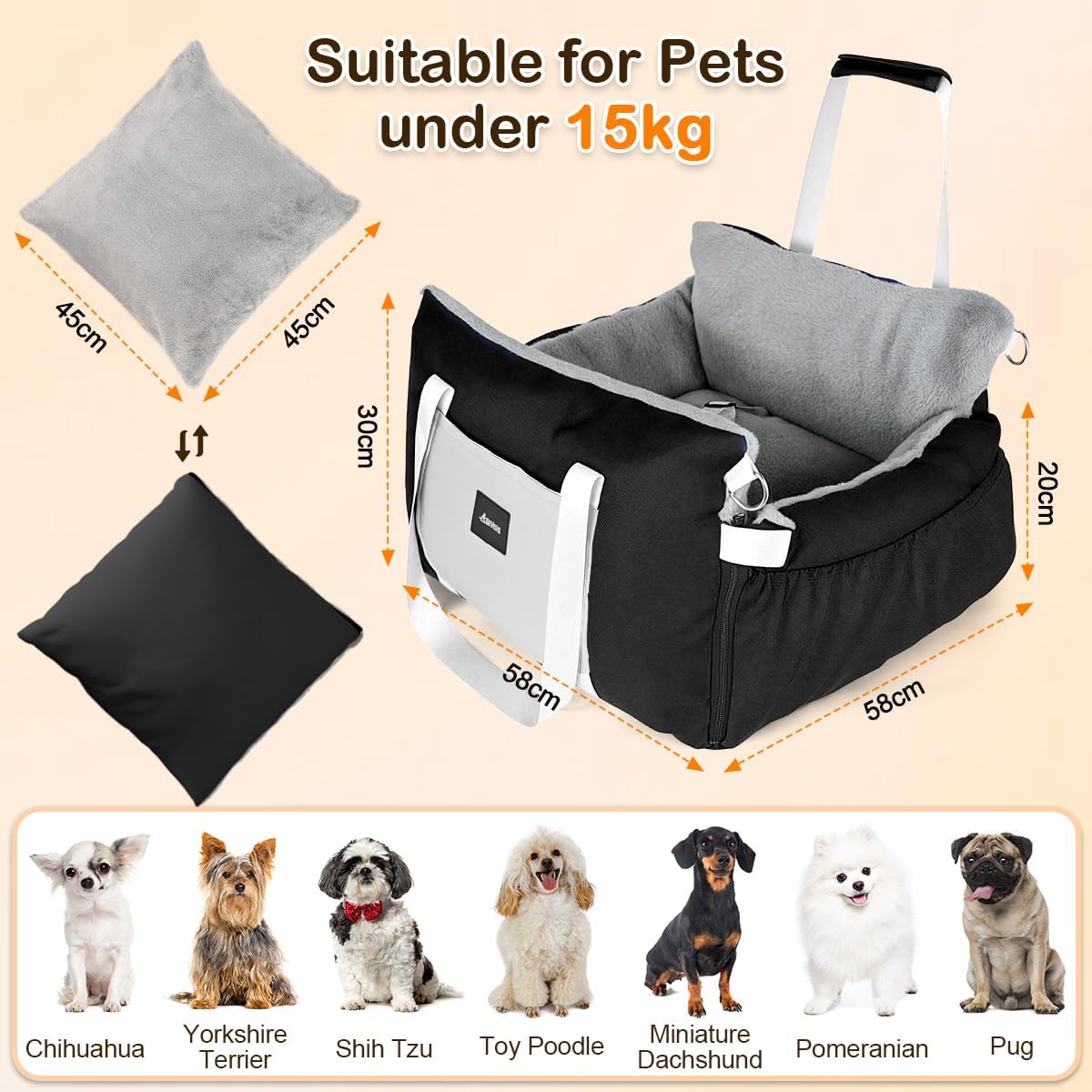 3-in-1 Autositz & Reisebett für kleine Hunde, 01-Schwarz