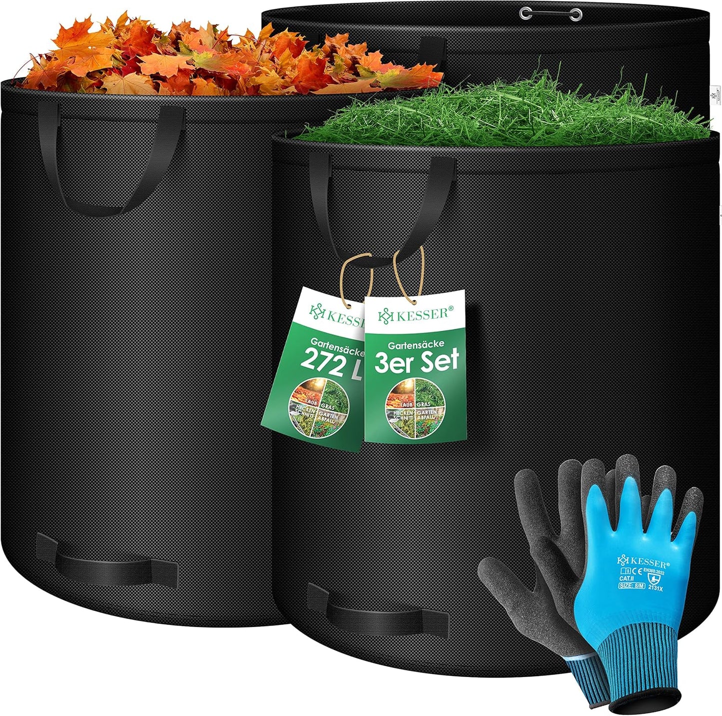 3er-Set Gartensack mit Handschuhen, 272 l (3er Pack) Schwarz