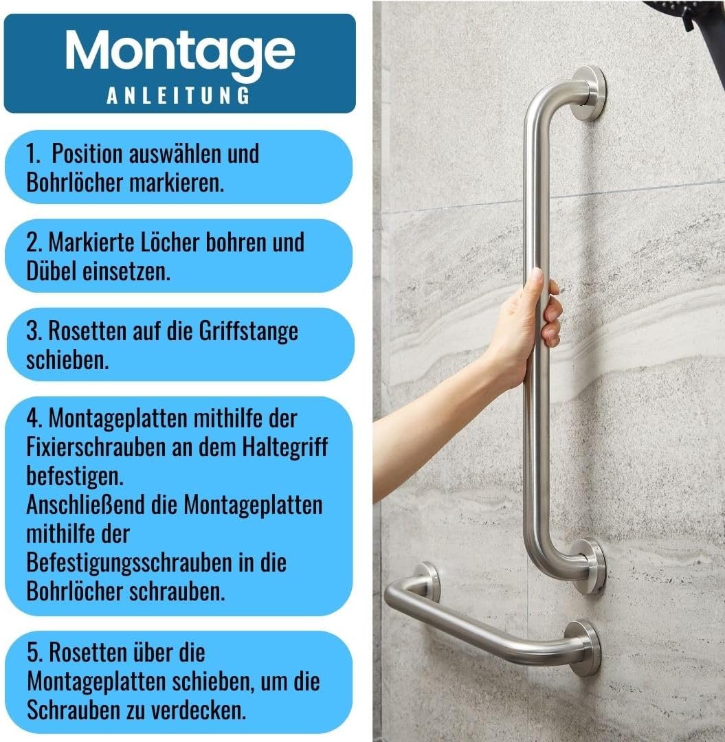 Haltegriff für Dusche und Badewanne, Edelstahl 250mm, Edelstahl Gebürstet 250mm