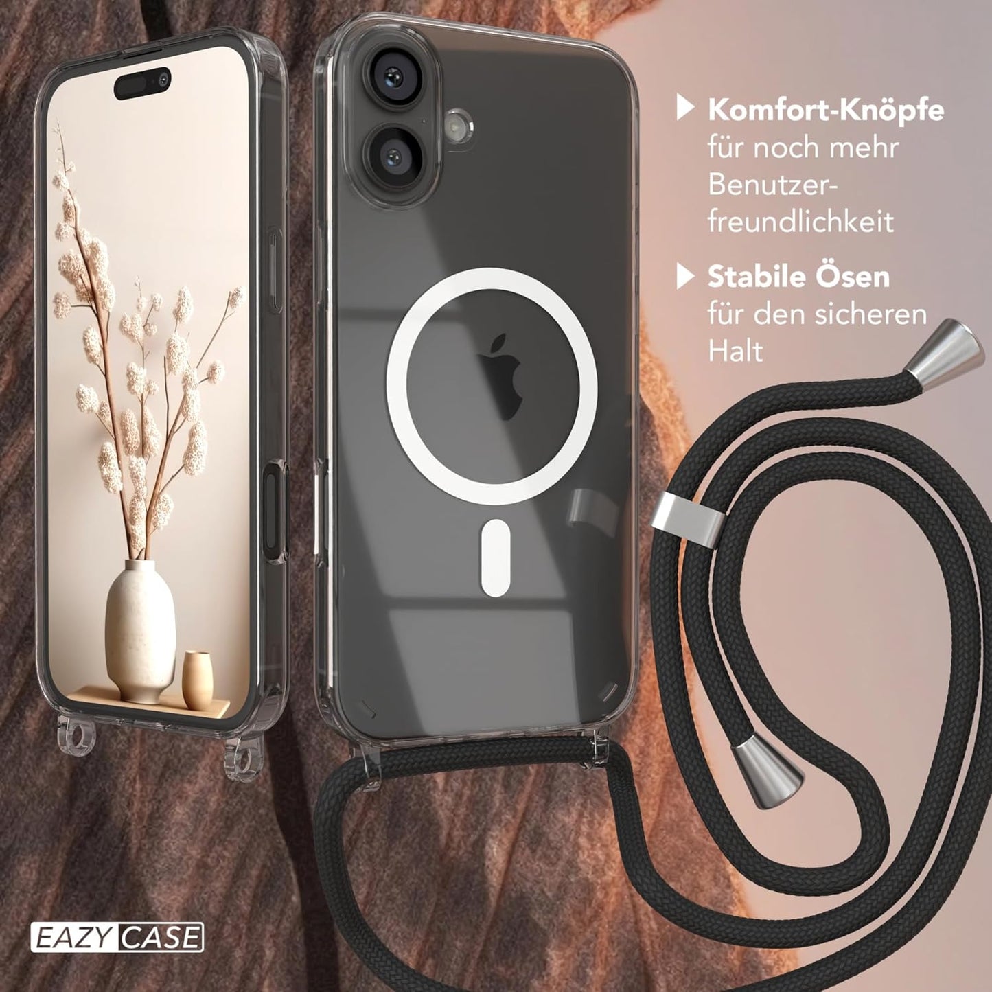 Handykette kompatibel mit iPhone 16 Plus, Schwarz iPhone 16 Plus