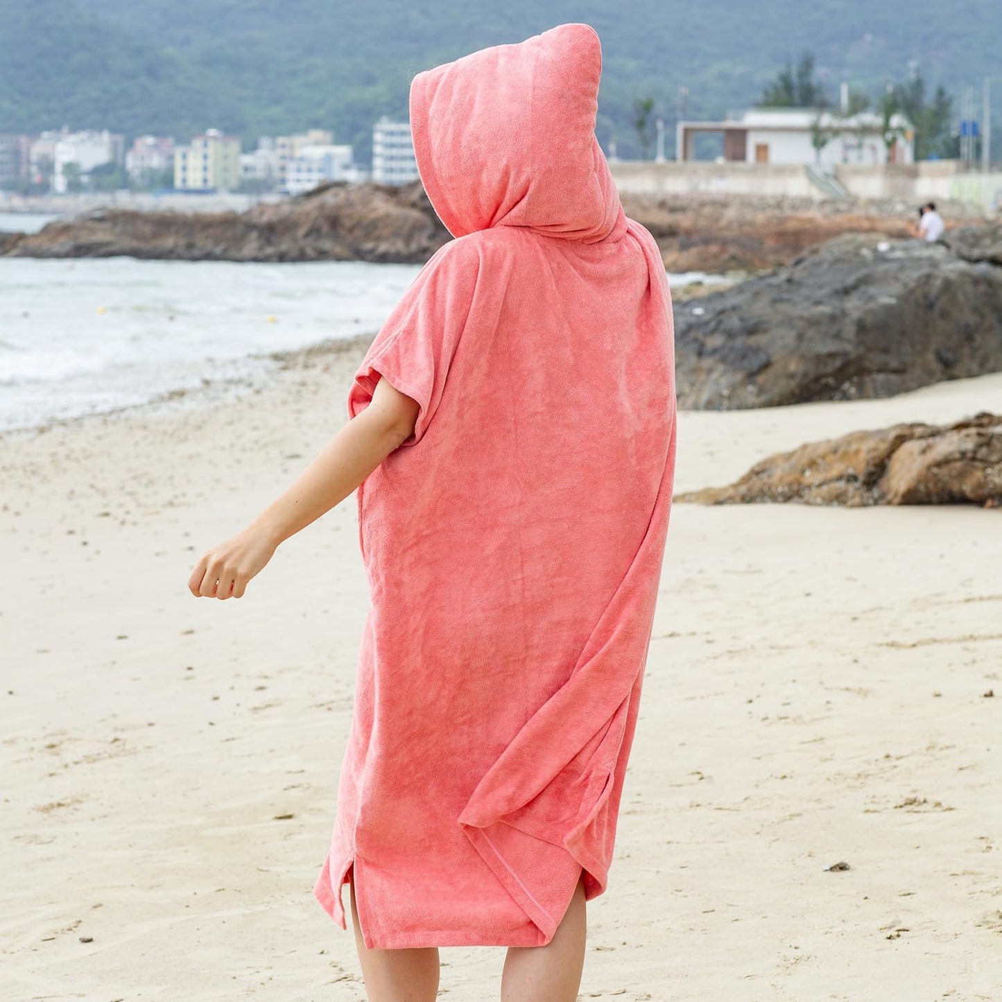 Unisex Surfponcho mit Kapuze, schnelltrocknend, Pfirsichrosa