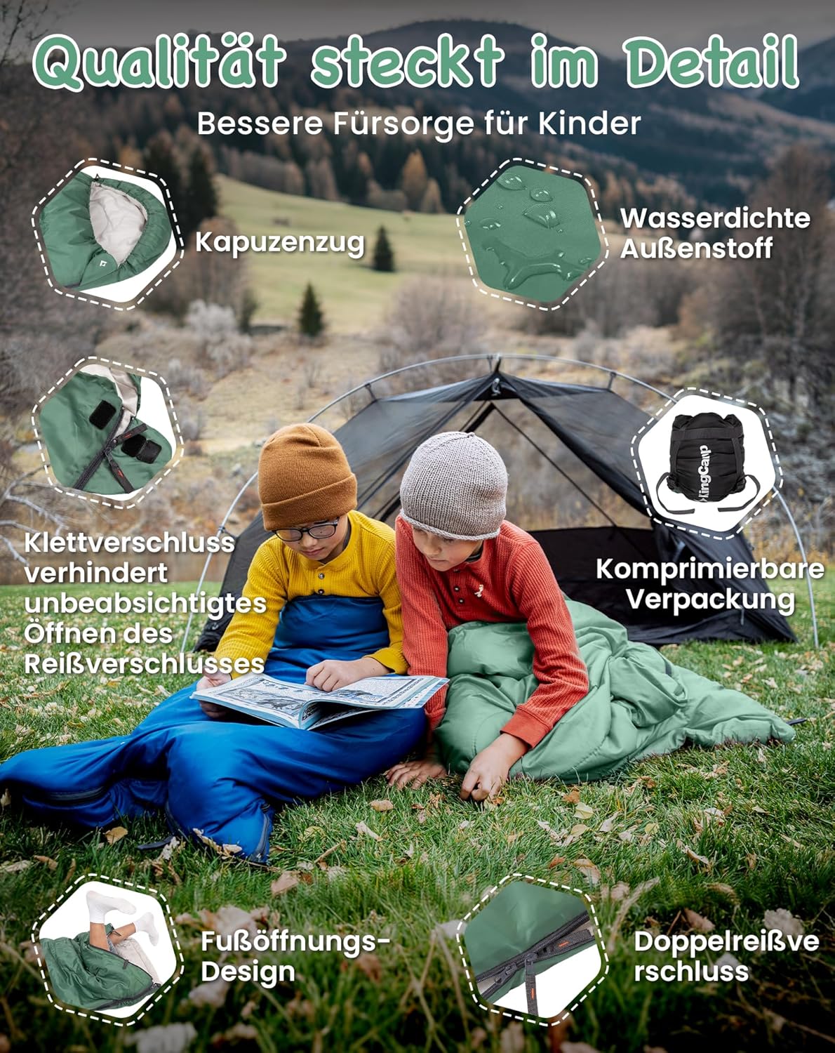 Kinderschlafsack mit Packsack, Grün baumwolle