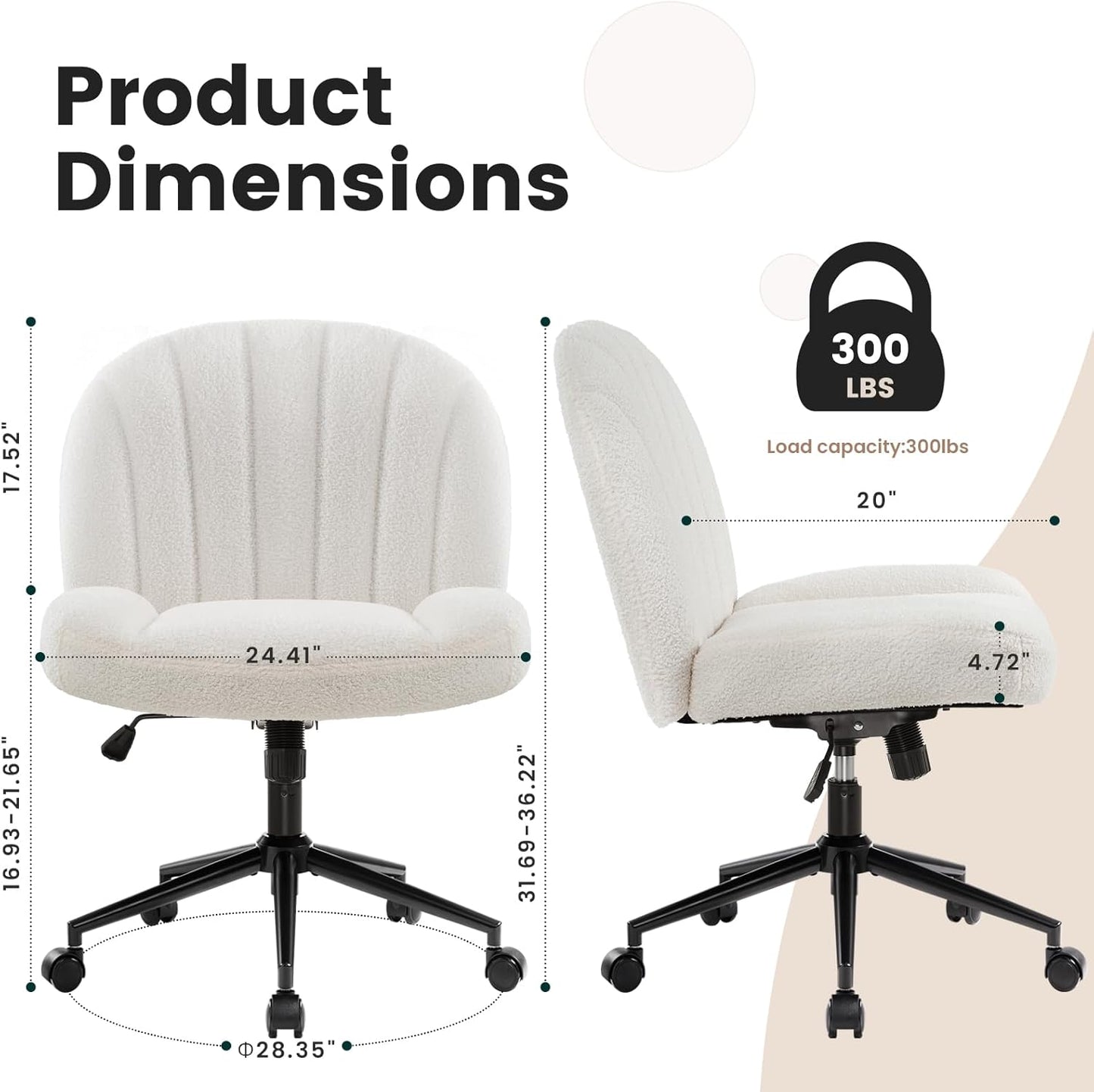Ergonomischer Bürostuhl ohne Armlehnen, höhenverstellbar, Weiss Mit Rädern