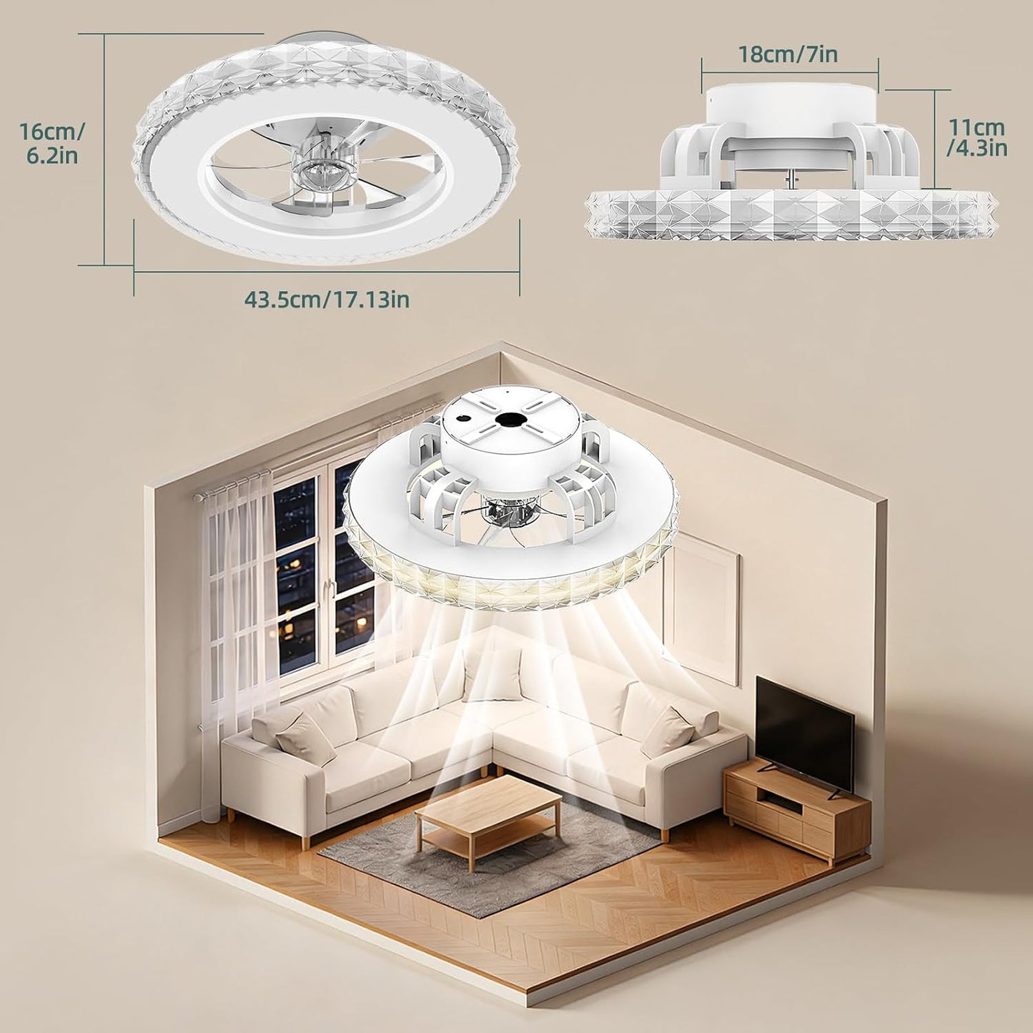 Dimmbarer Kristall-Deckenventilator mit Beleuchtung, Weiss 1 (3cct+rgb) 43.5 cm