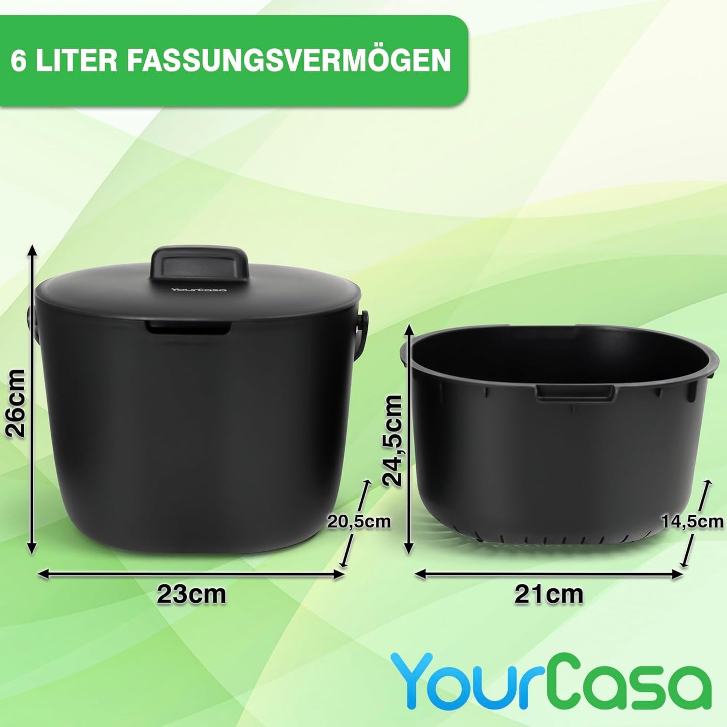 Geruchsdichter Komposteimer mit Sieb & ergonomischen Griff, 6 Liter Schwarz