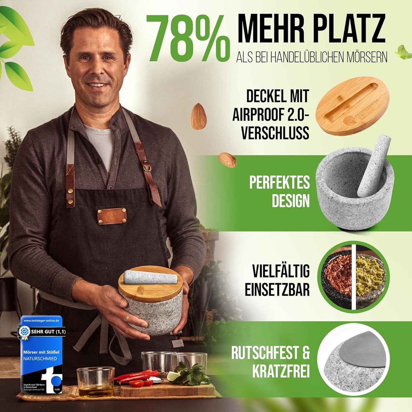 Mörser mit Stössel & Deckel, Hellgrau