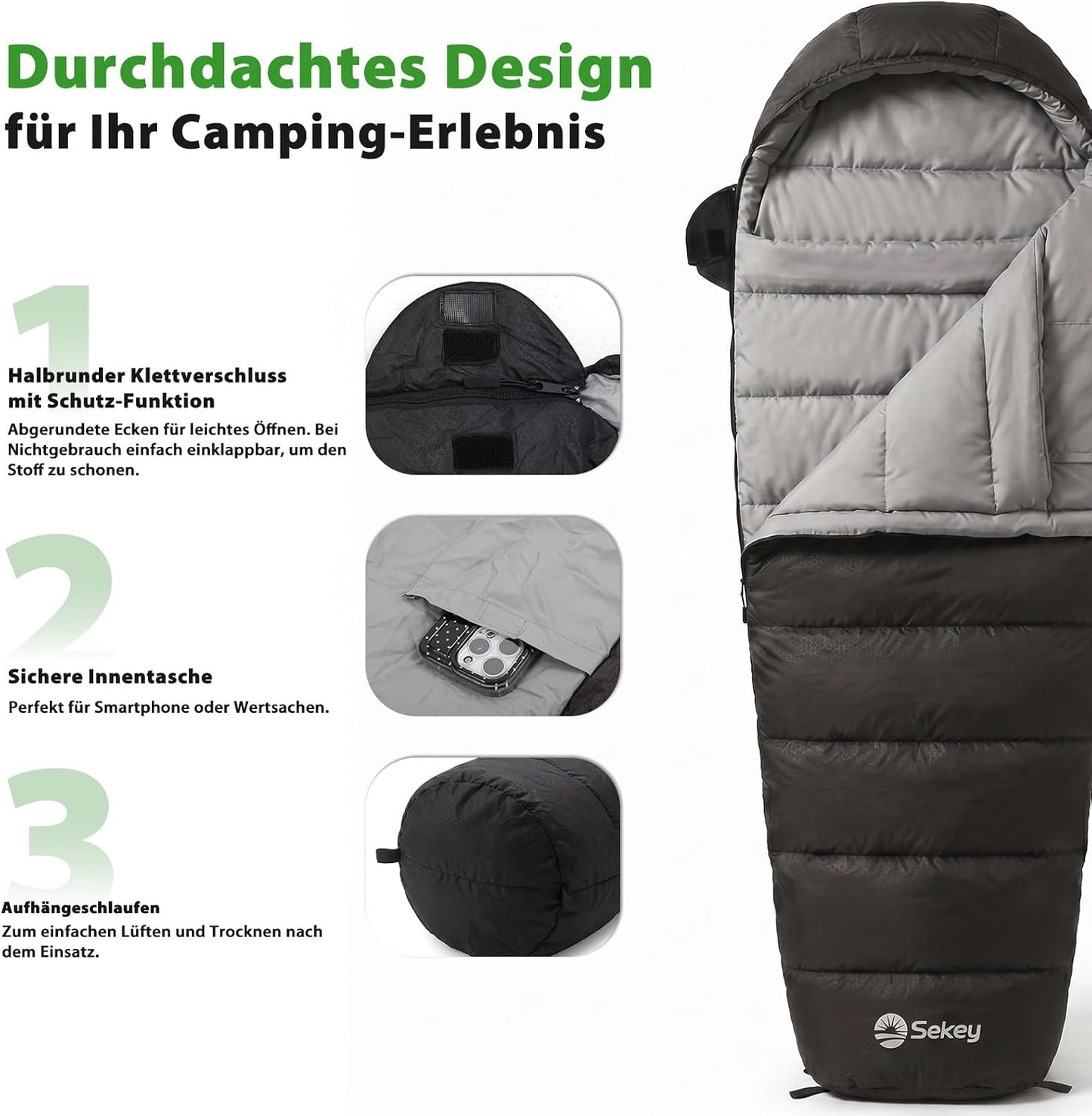 Mumienschlafsack mit Anti-Klemm-Reissverschluss, Anthrazit 4 Jahreszeiten (0 °C - +5 °C)