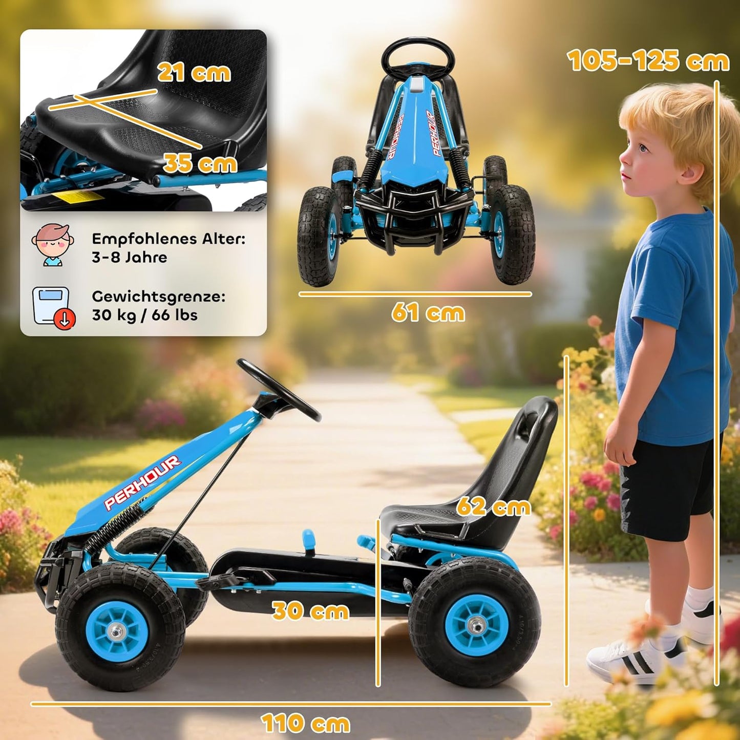 Gokart Tretauto mit Handbremse, Blau