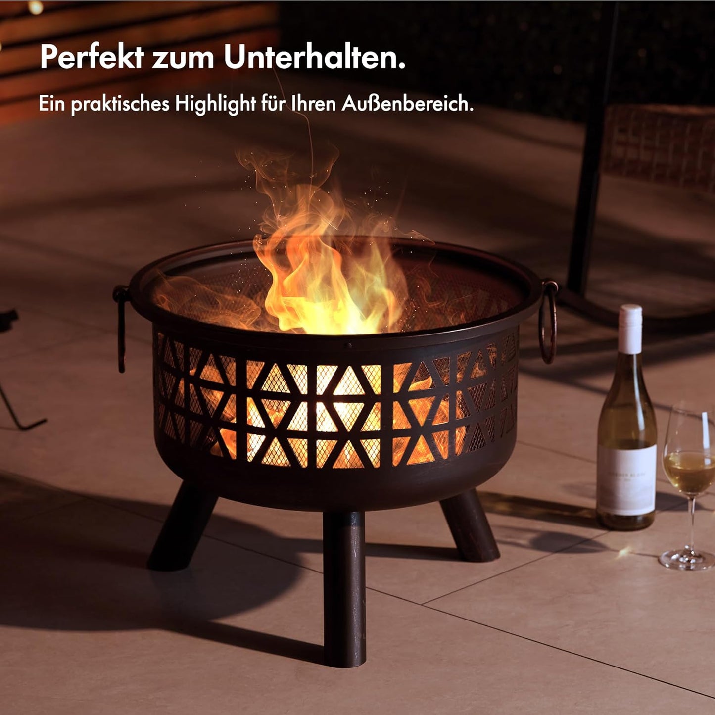 Feuerstelle tragbar für Garten & Terrasse, Braun mit Geometrischem Design
