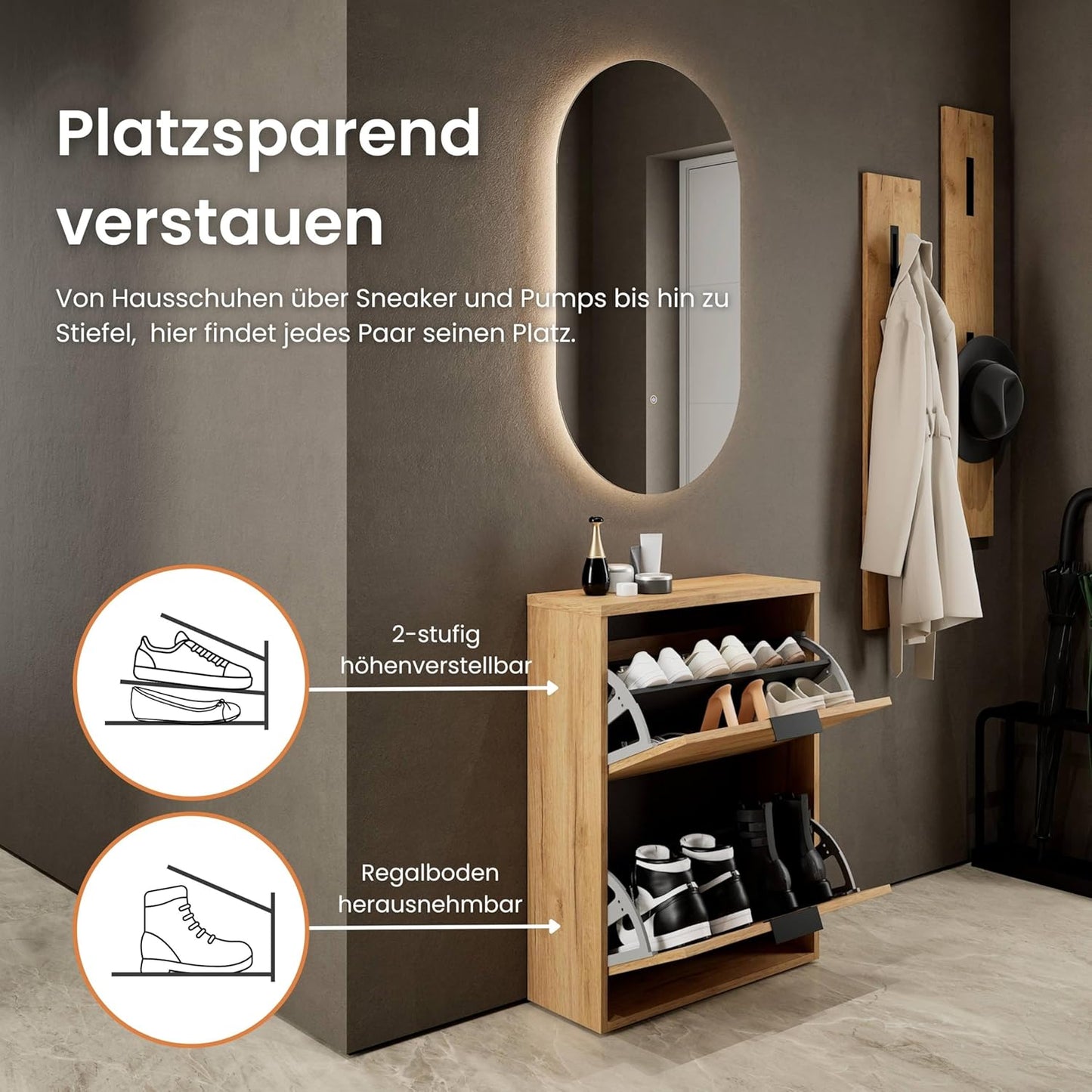 Schmaler Schuhschrank mit Klappen und Ablagen, 2 Klappen Gold Eiche