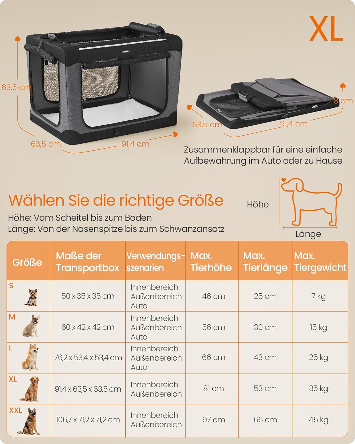 Faltbare Hundetransportbox mit Netztüren, L 91 x B 64 x H 64 cm