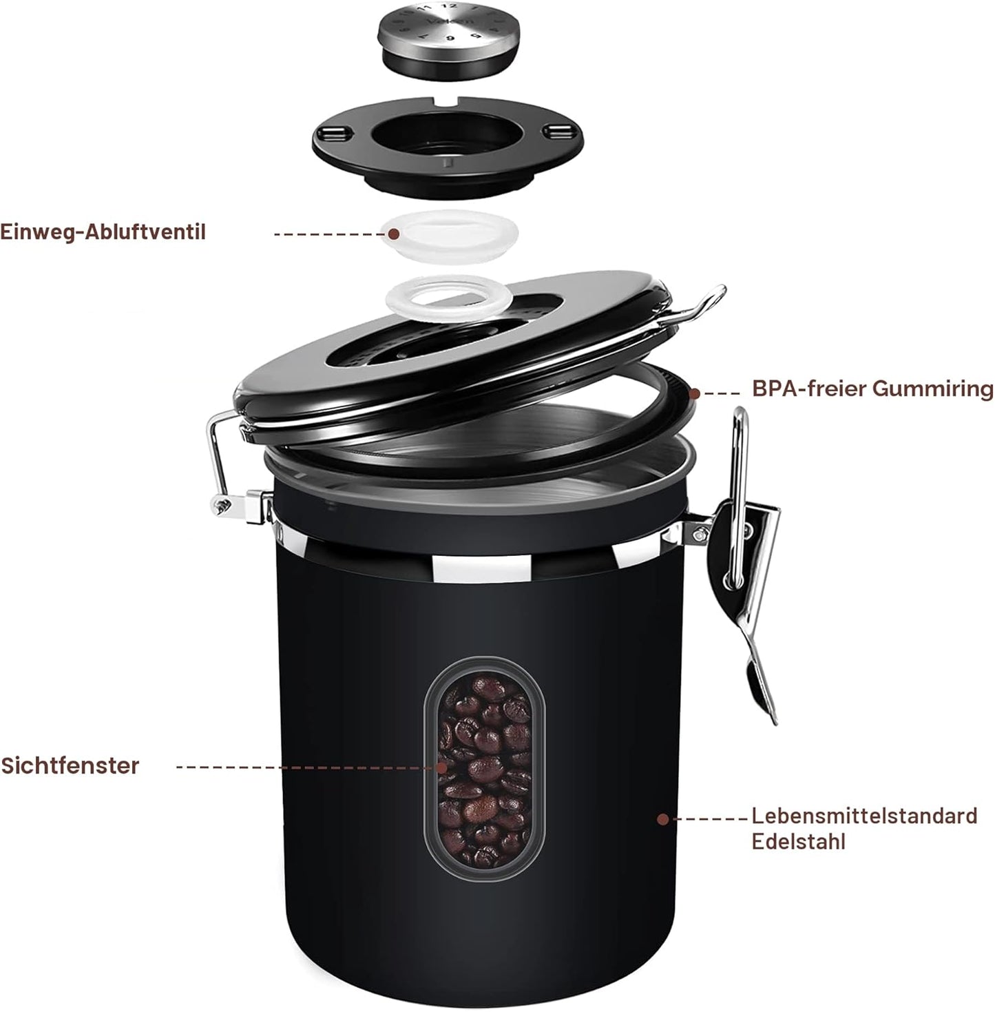 Luftdichte Kaffeedose mit Datumsanzeige, 1.8L-Black