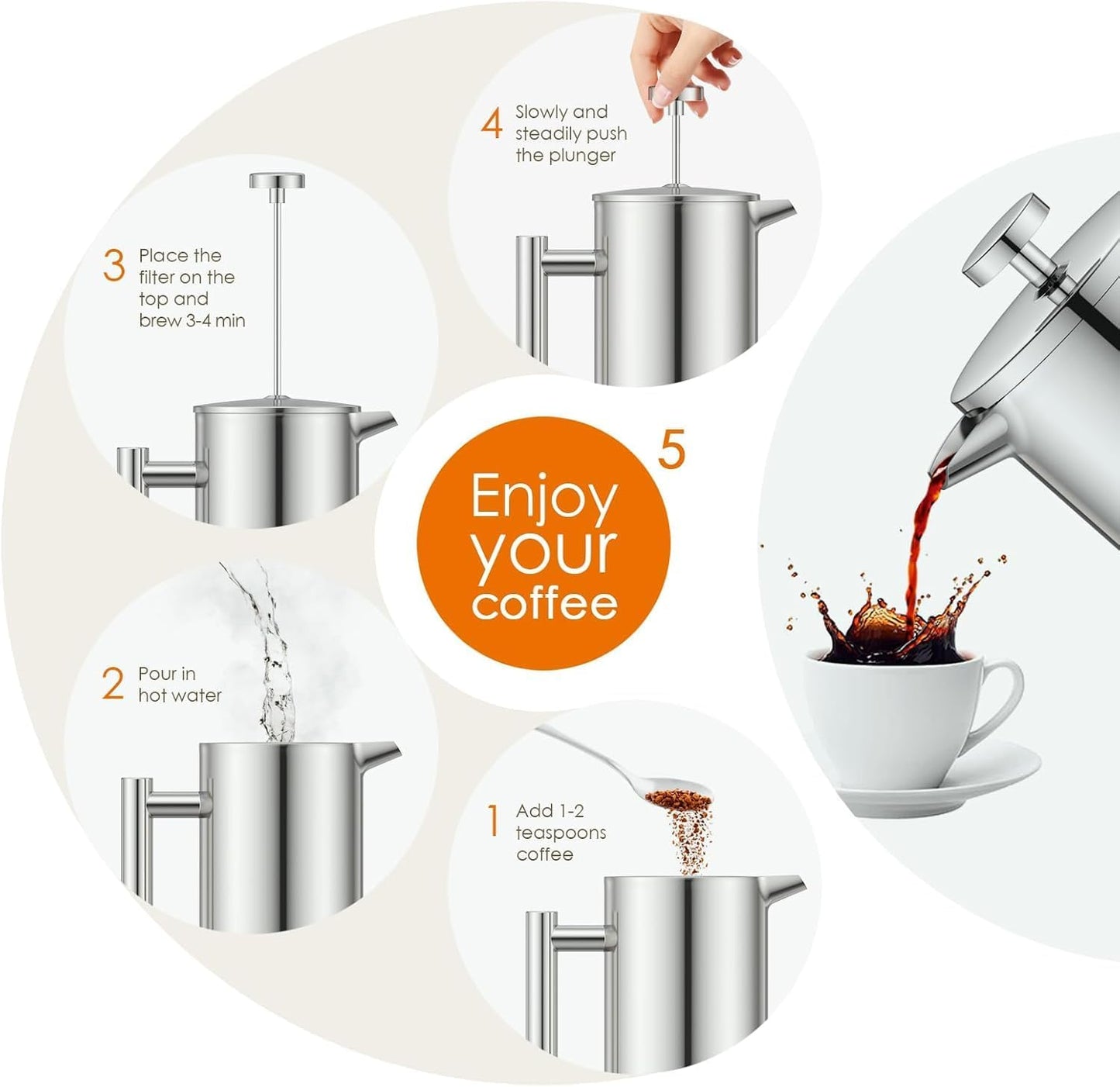 French Press Kaffeebereiter 1,5L Edelstahl, Silber 1500ml
