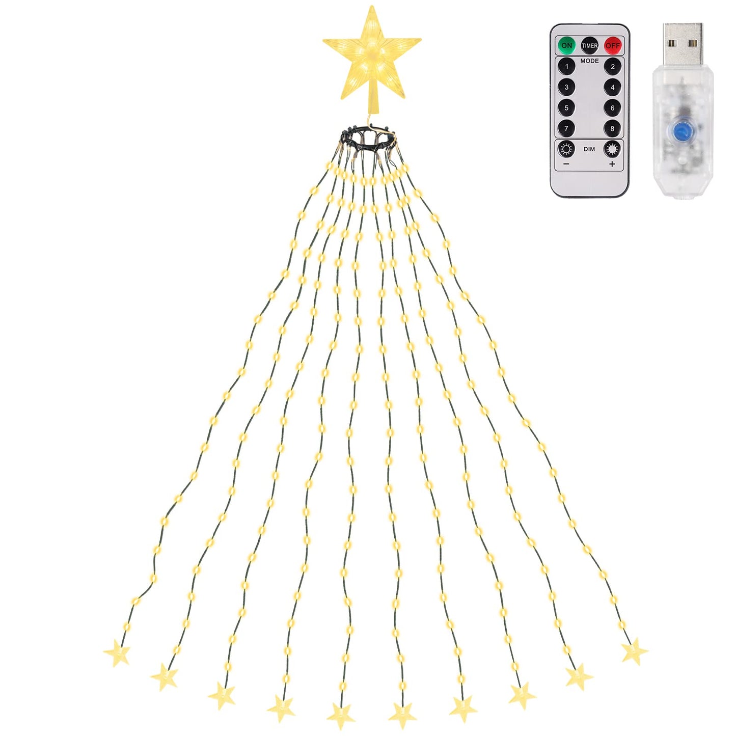 Christbaumbeleuchtung mit 10 Girlanden und 1 Weihnachtsbaumspitzestern, Warmweiss Sternspitze Usb 2m
