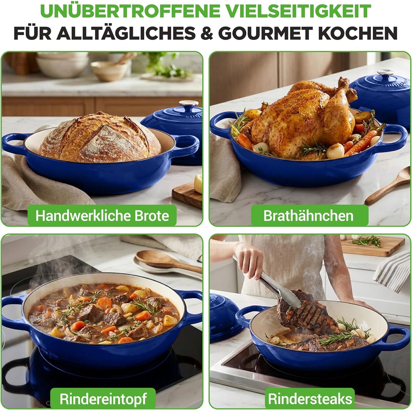 Gusseisentopf mit Deckel und Silikonhandschuhen, Blau