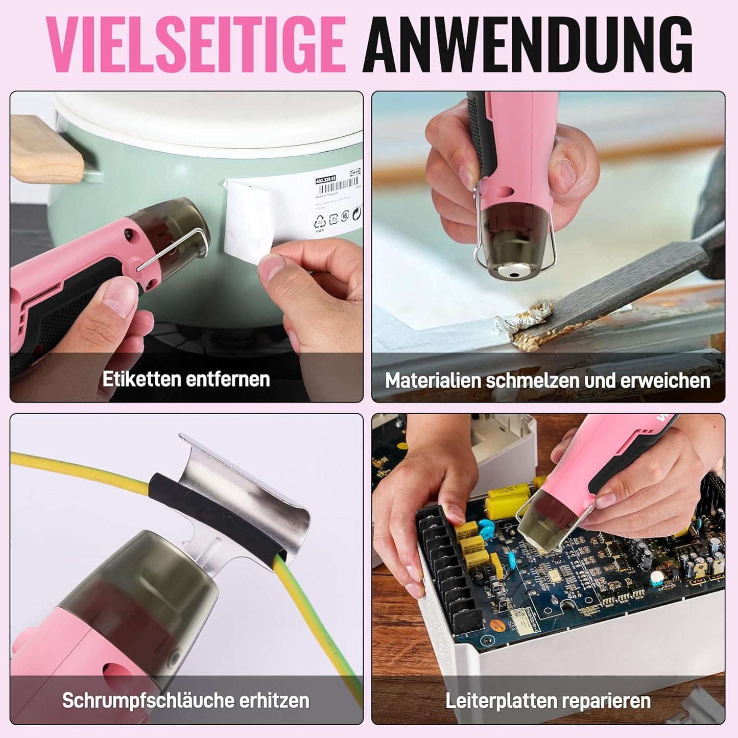 Mini-Heissluftpistole mit Schrumpfschläuchen, Rosa & Schwarz