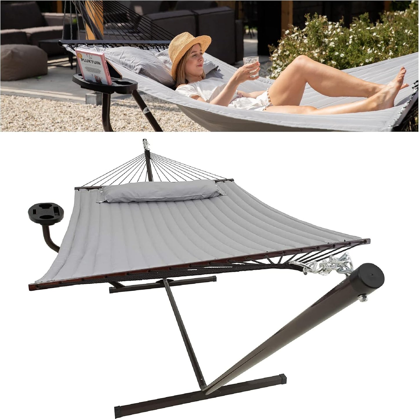Hängematte mit Gestell und Tisch (bis 200 kg), Hellgrau mit Tisch