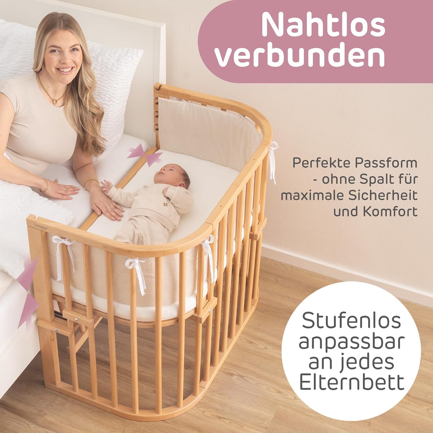 Maxi Comfort Plus Beistellbett, Natur Lackiert ; 96L x 56.5B x 79H cm ; Ohne Matratze