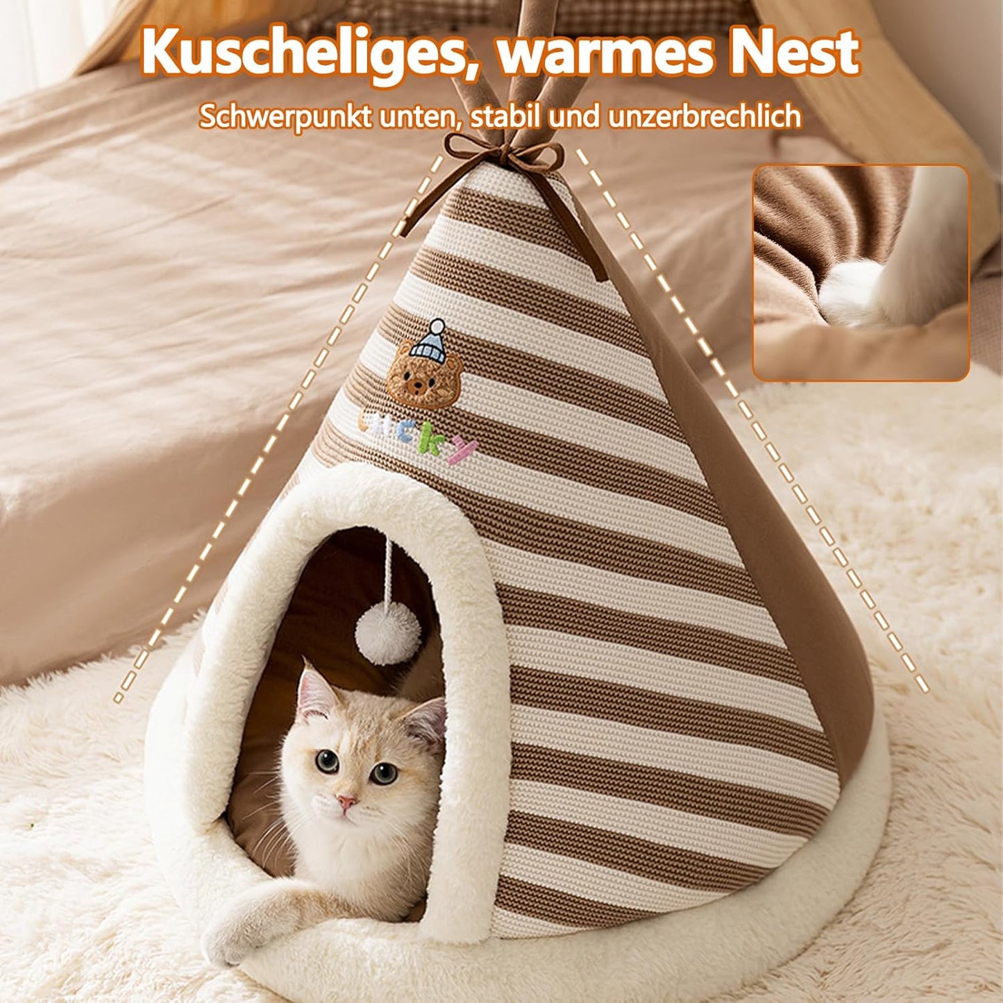 Katzenhöhlenbett mit abnehmbarem Kissen, XL Braun