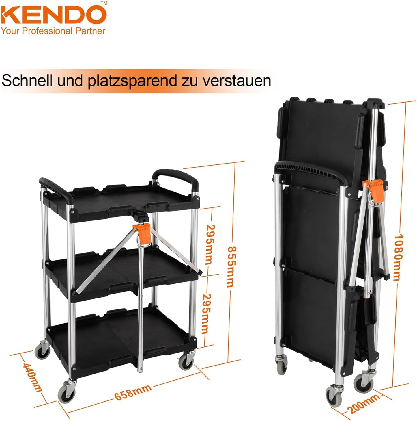 Klappbarer Servierwagen mit Rollen, 65kg Tragkraft